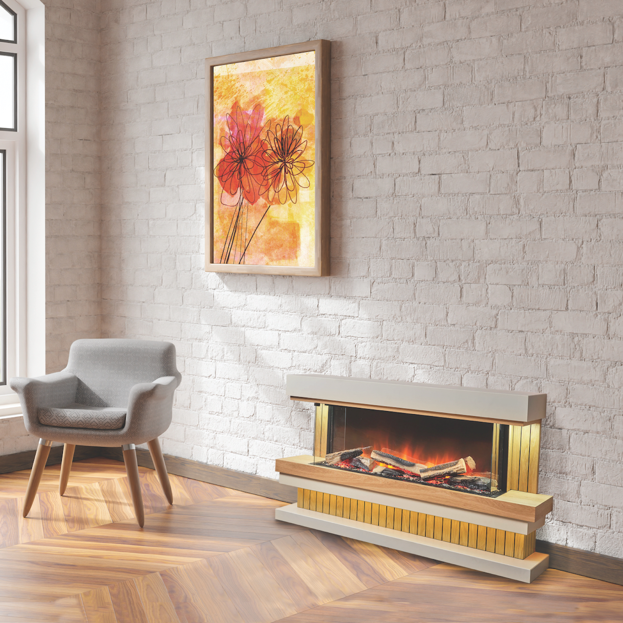 Elara Suite Wall Mantel with Base (56 3/4" W x 32 1/2" H) in Oak and White Trim with E-FX 1000 Electric Fireplace