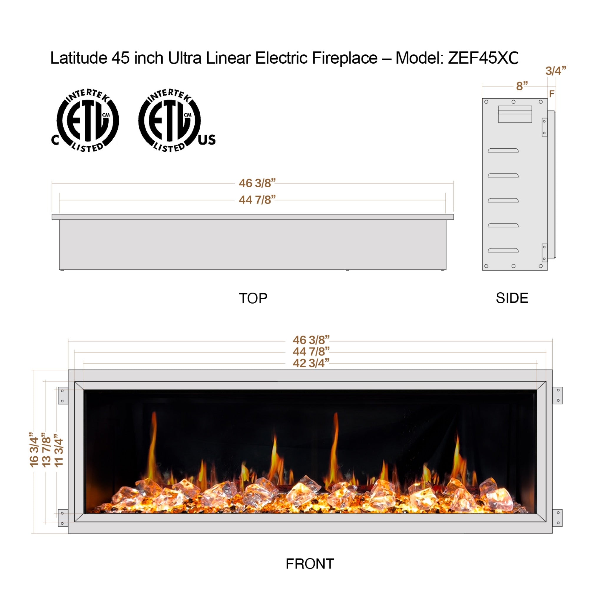 Litedeer Homes Latitude Ultra Slim Built-in and Built-in Linear Electric Fireplace with Crushed Ice Rocks