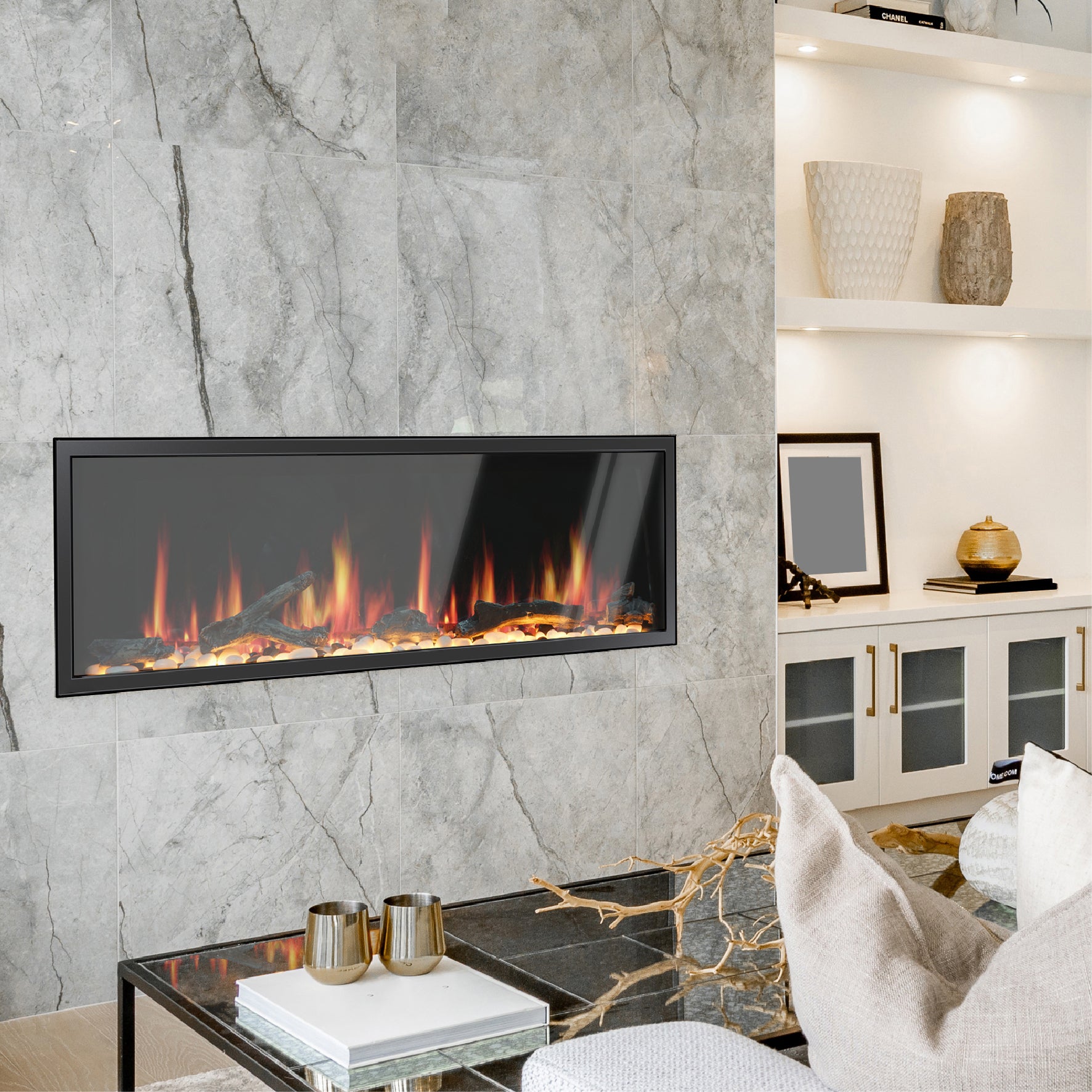 Latitude 55" Ultra Slim Built-In Electric Fireplace with Driftwood Logs and River Rock (Model ZEF55V)