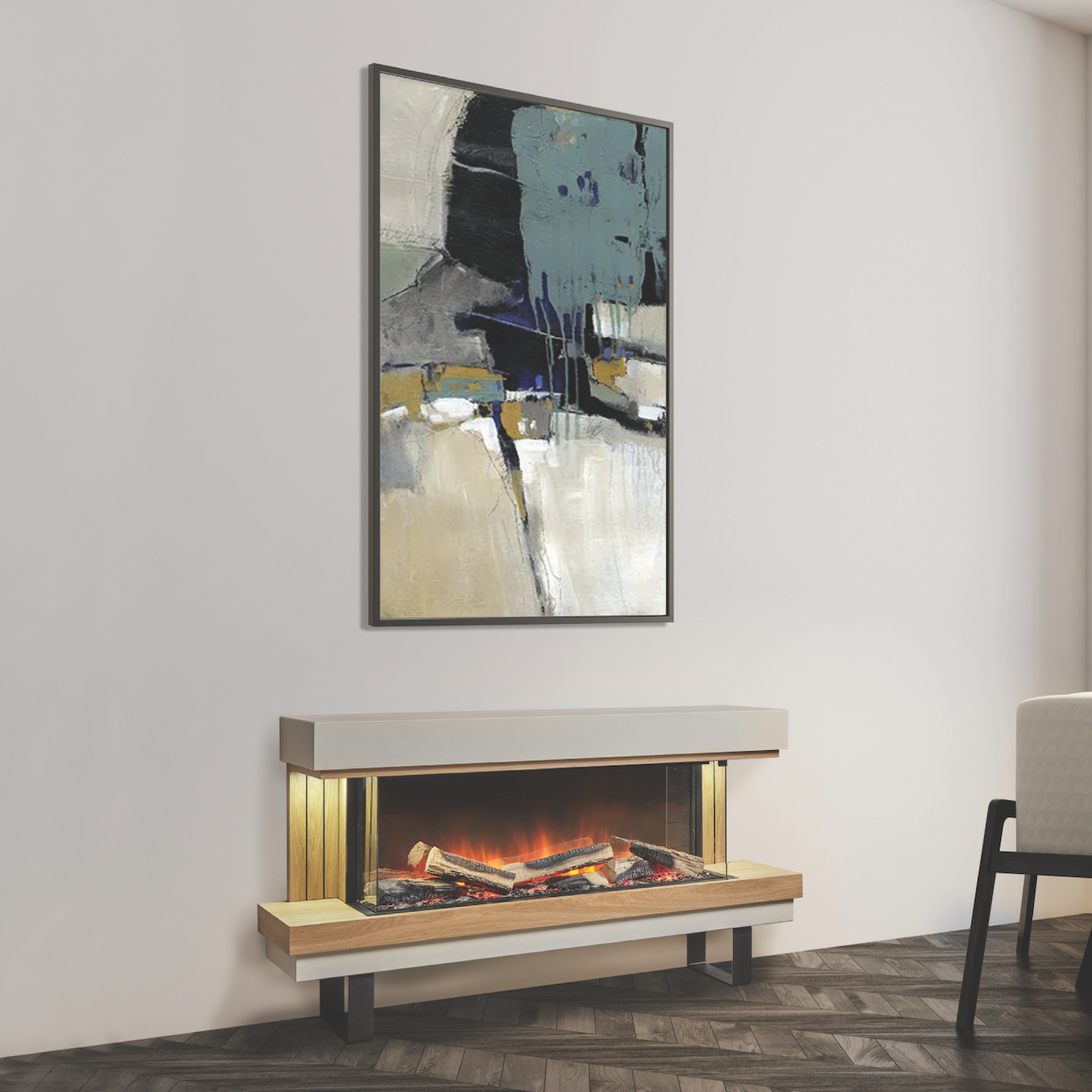 Elara Suite Wall Mantel with Legs (56 3/4" W x 31 1/2" H) in Oak and White Trim with E-FX 1000 Electric Fireplace