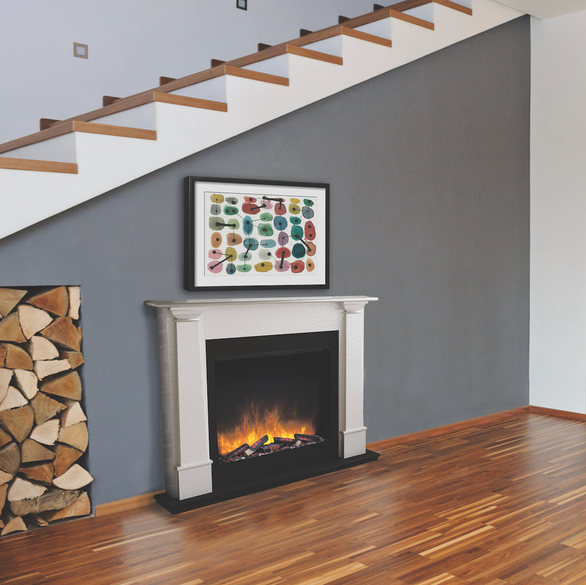 European Mantel in White with Slim Line 750T E-FX Electric Fireplace (54" W x 46" H)
