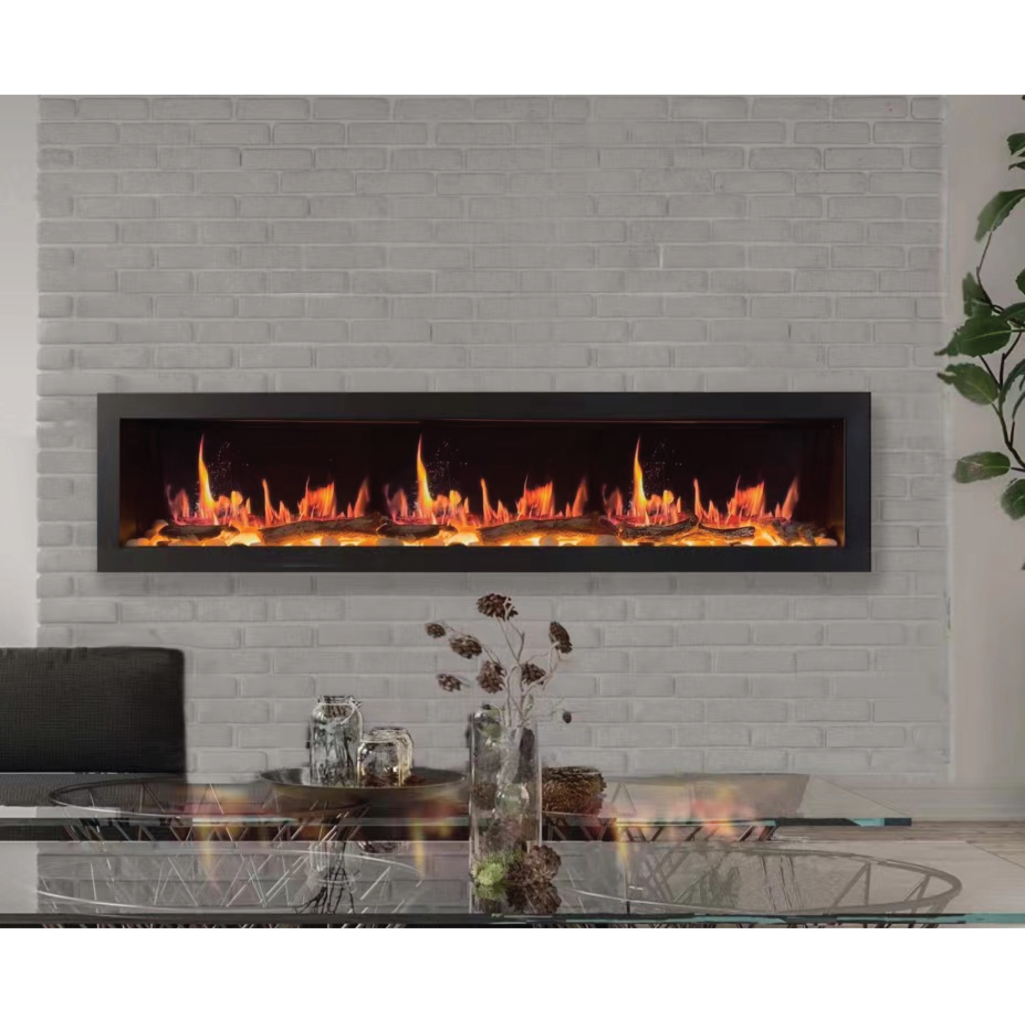 Litedeer Homes Latitude II Smart Wall Mount with Driftwood Logs and River Rock Electric Fireplace