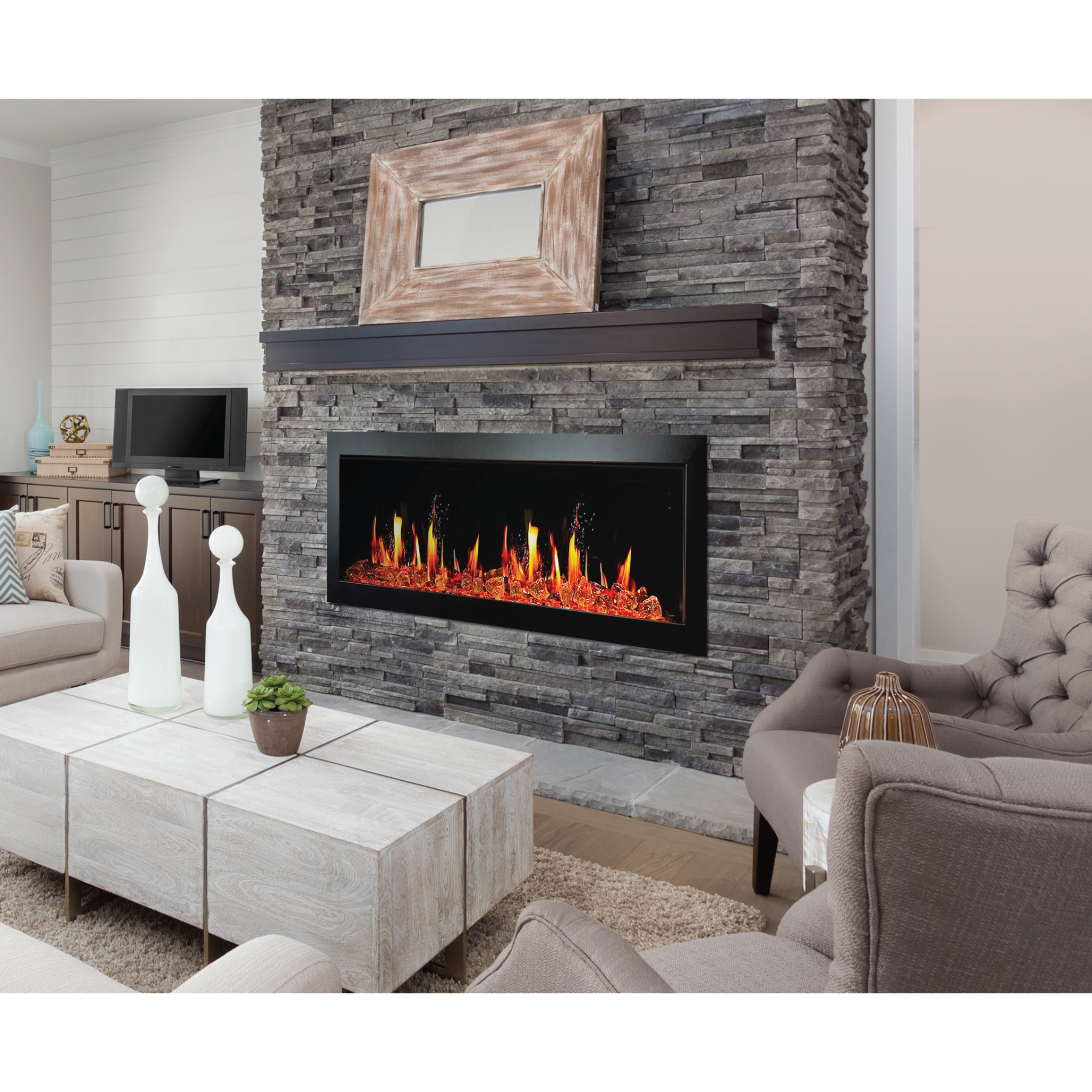 Litedeer Homes Latitude II Smart Wall Mount with Reflective Amber Glass Electric Fireplace