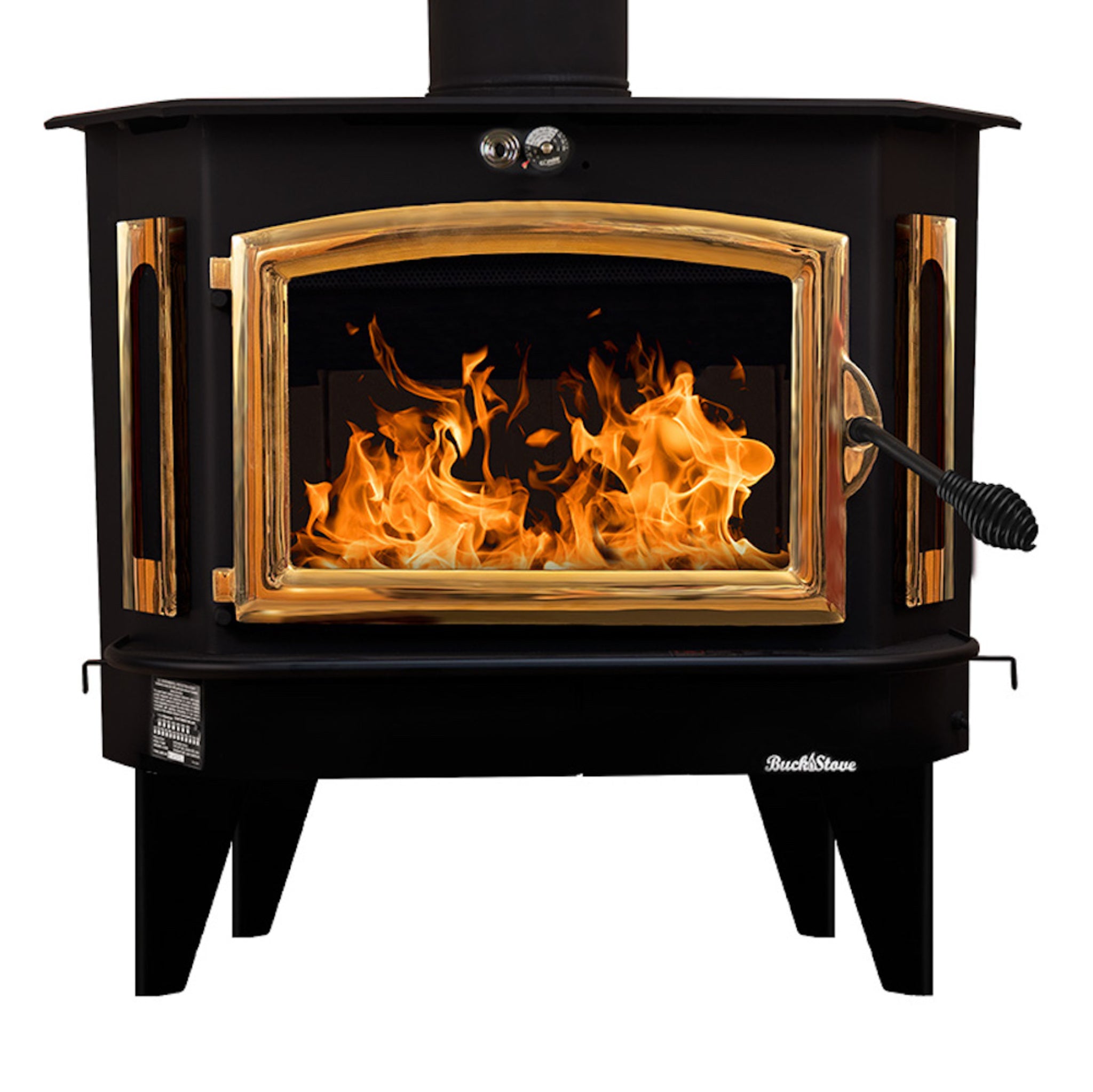 Model 91 Catalytic Wood Stove with Gold Door & Black Bay Windows