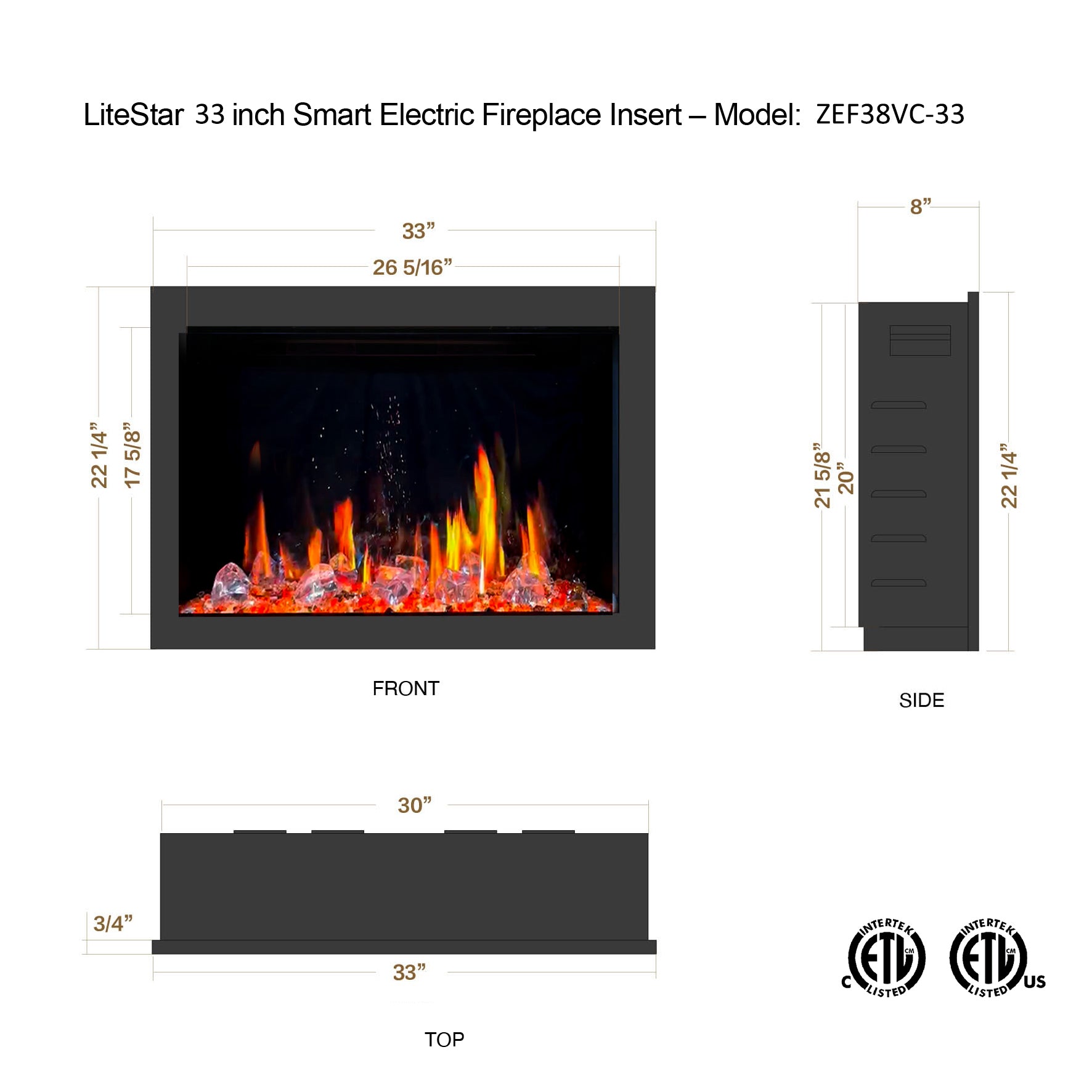 Litedeer Homes LiteStar Smart with Crushed Ice Rocks Electric Fireplace