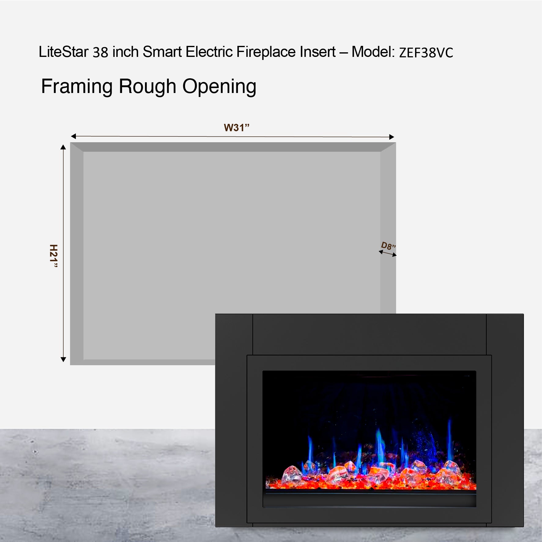 Litedeer Homes LiteStar Smart with Reflective Amber Glass Electric Fireplace