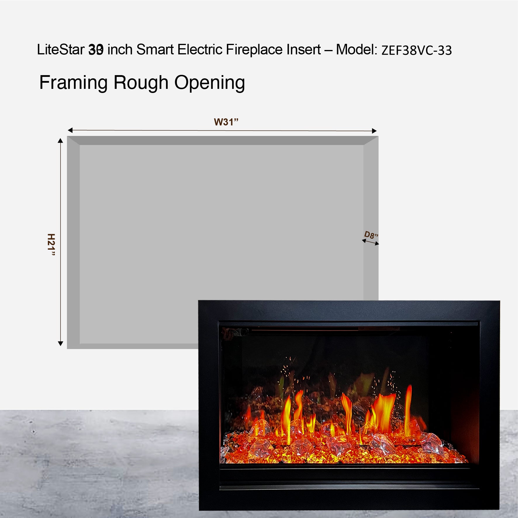 Litedeer Homes LiteStar Smart with Crushed Ice Rocks Electric Fireplace