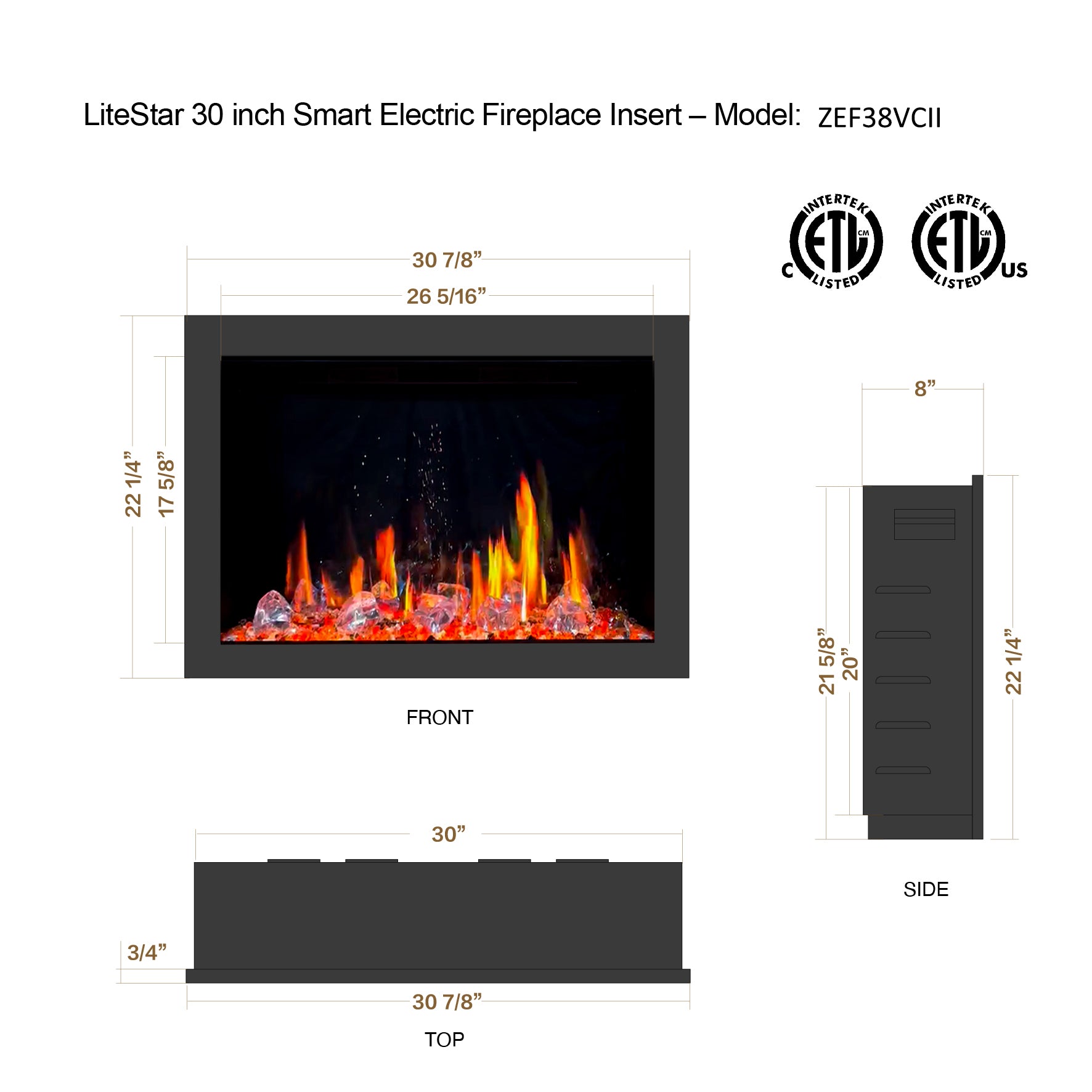 Litedeer Homes LiteStar Smart with Crushed Ice Rocks Electric Fireplace