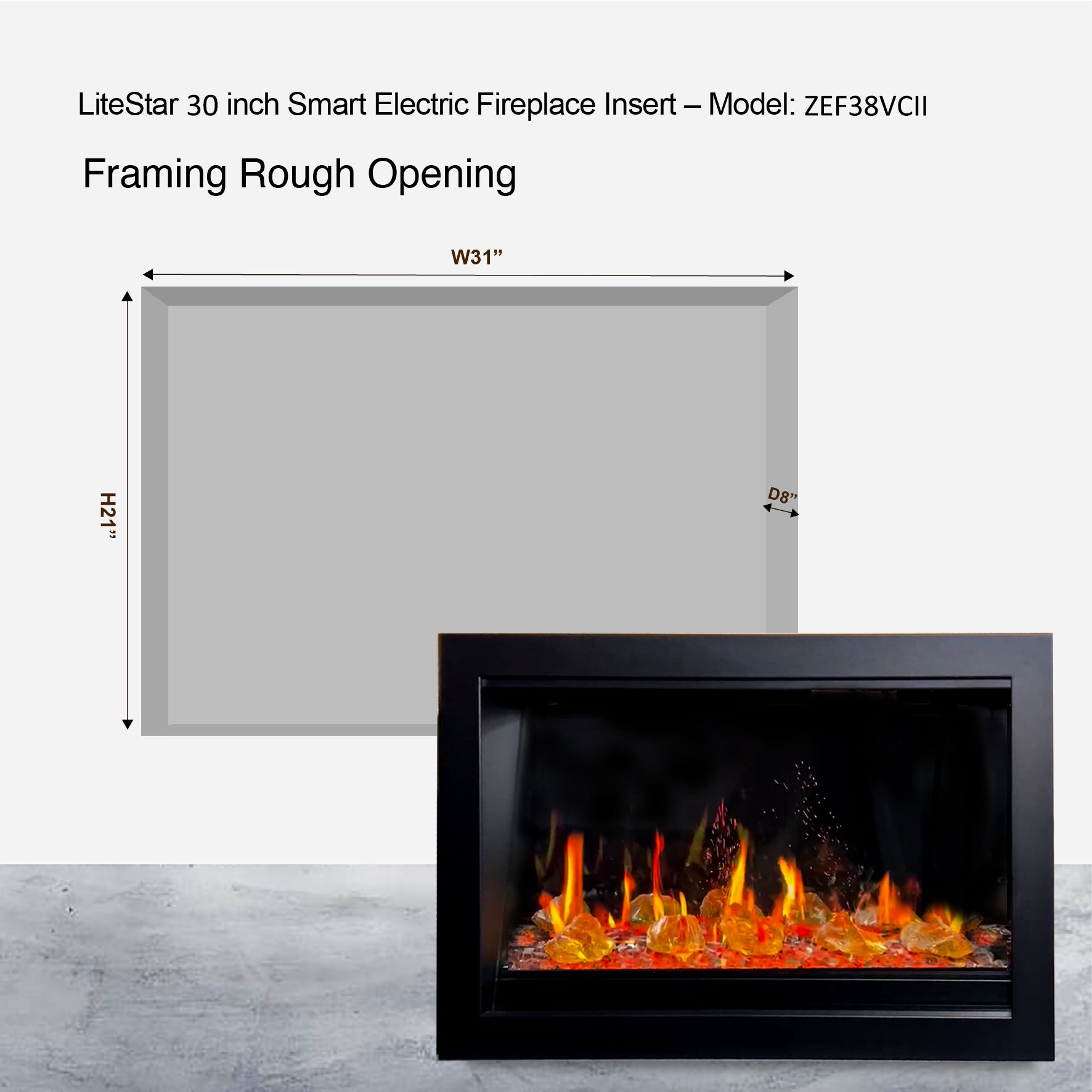 Litedeer Homes LiteStar Smart with Crushed Ice Rocks Electric Fireplace