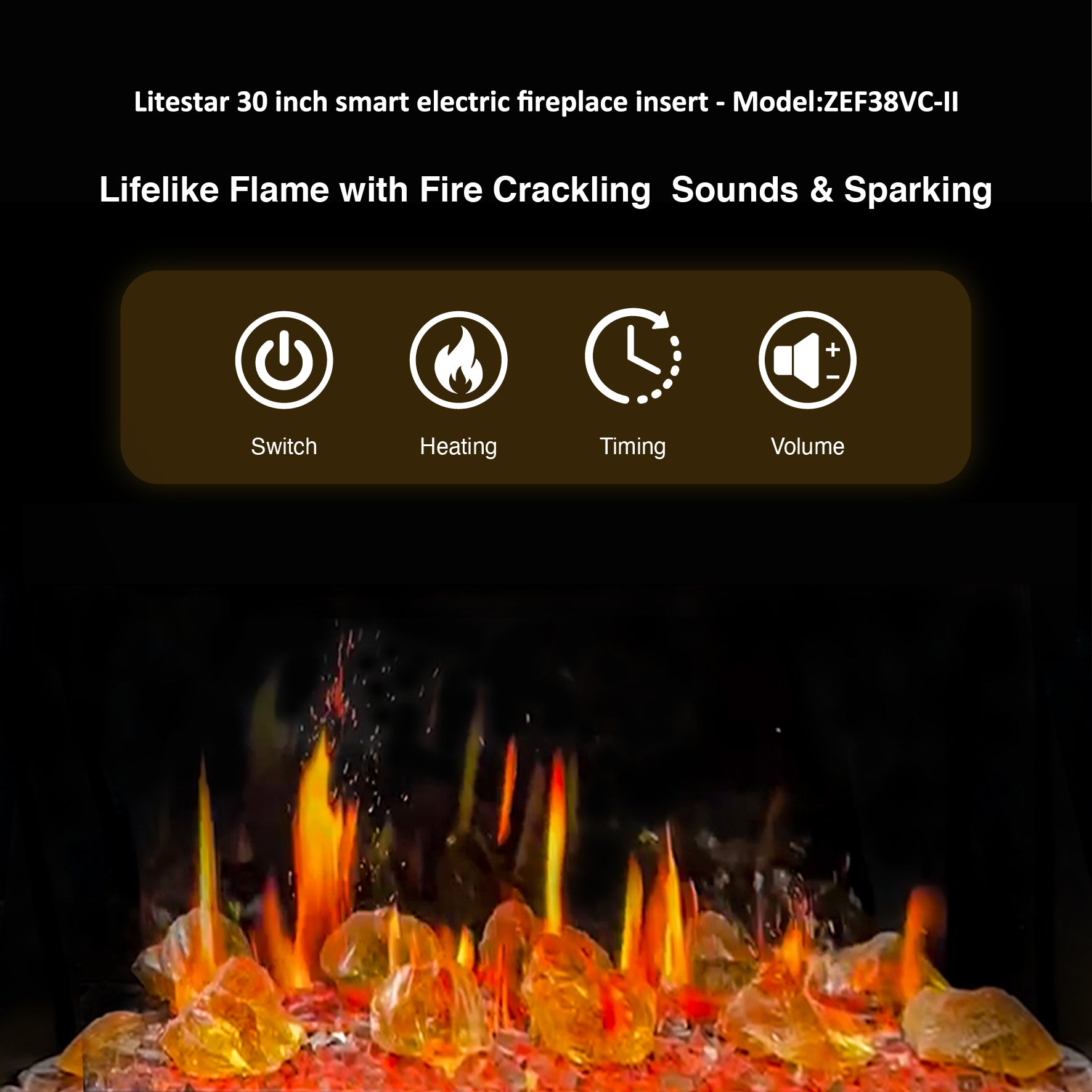 Litedeer Homes LiteStar Smart with Crushed Ice Rocks Electric Fireplace