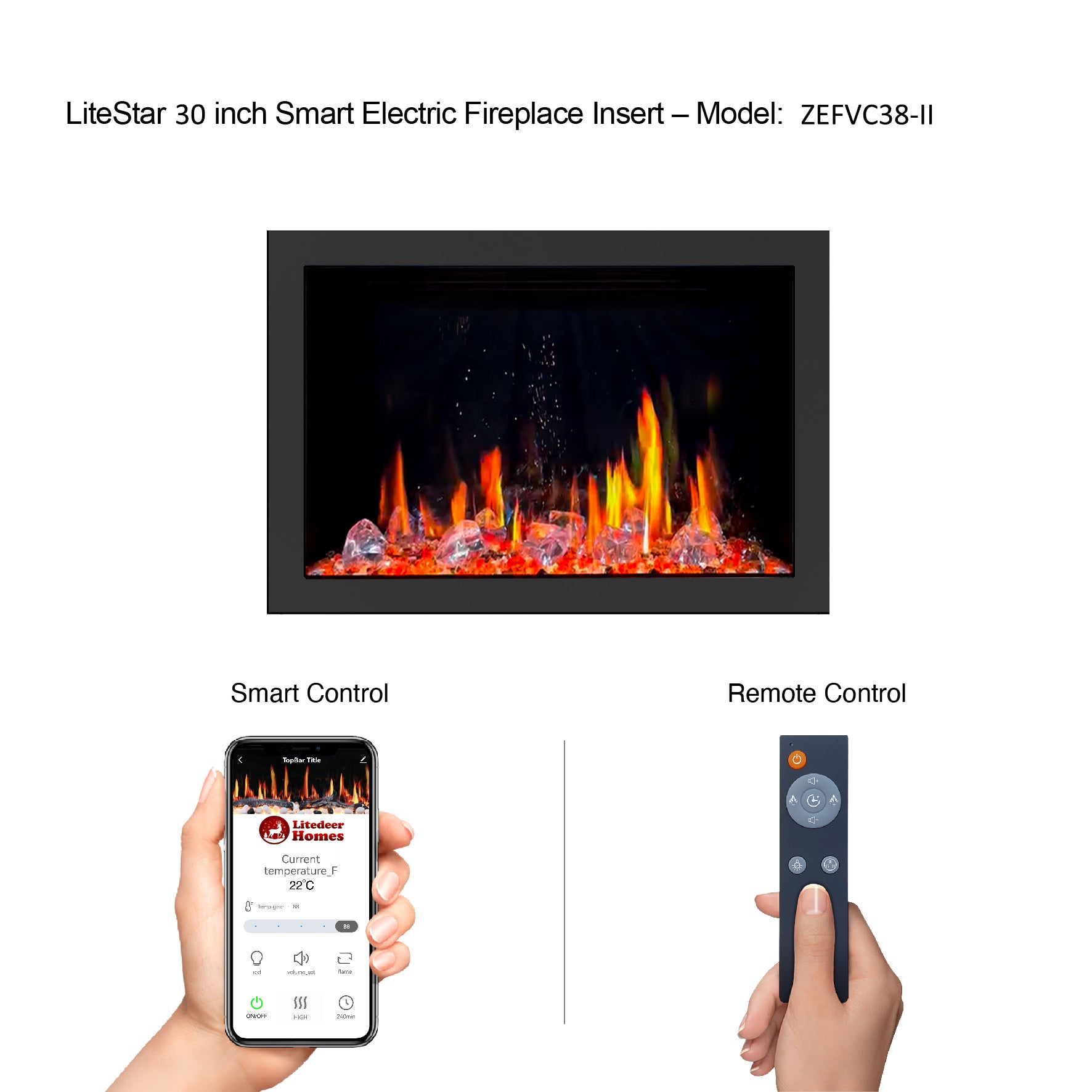 Litedeer Homes LiteStar Smart with Crushed Ice Rocks Electric Fireplace