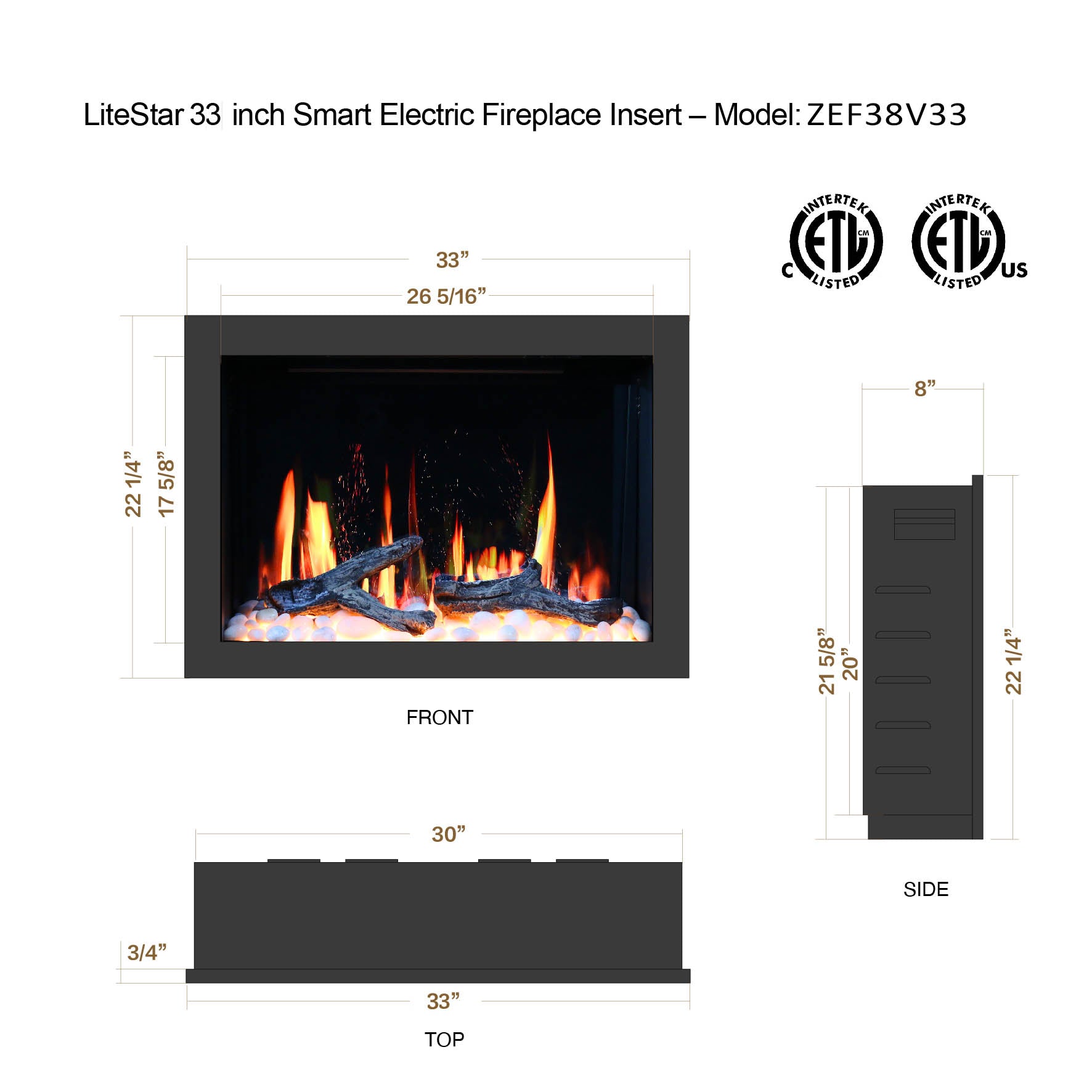 Litedeer Homes LiteStar with Driftwood Logs and River Rock Electric Fireplace