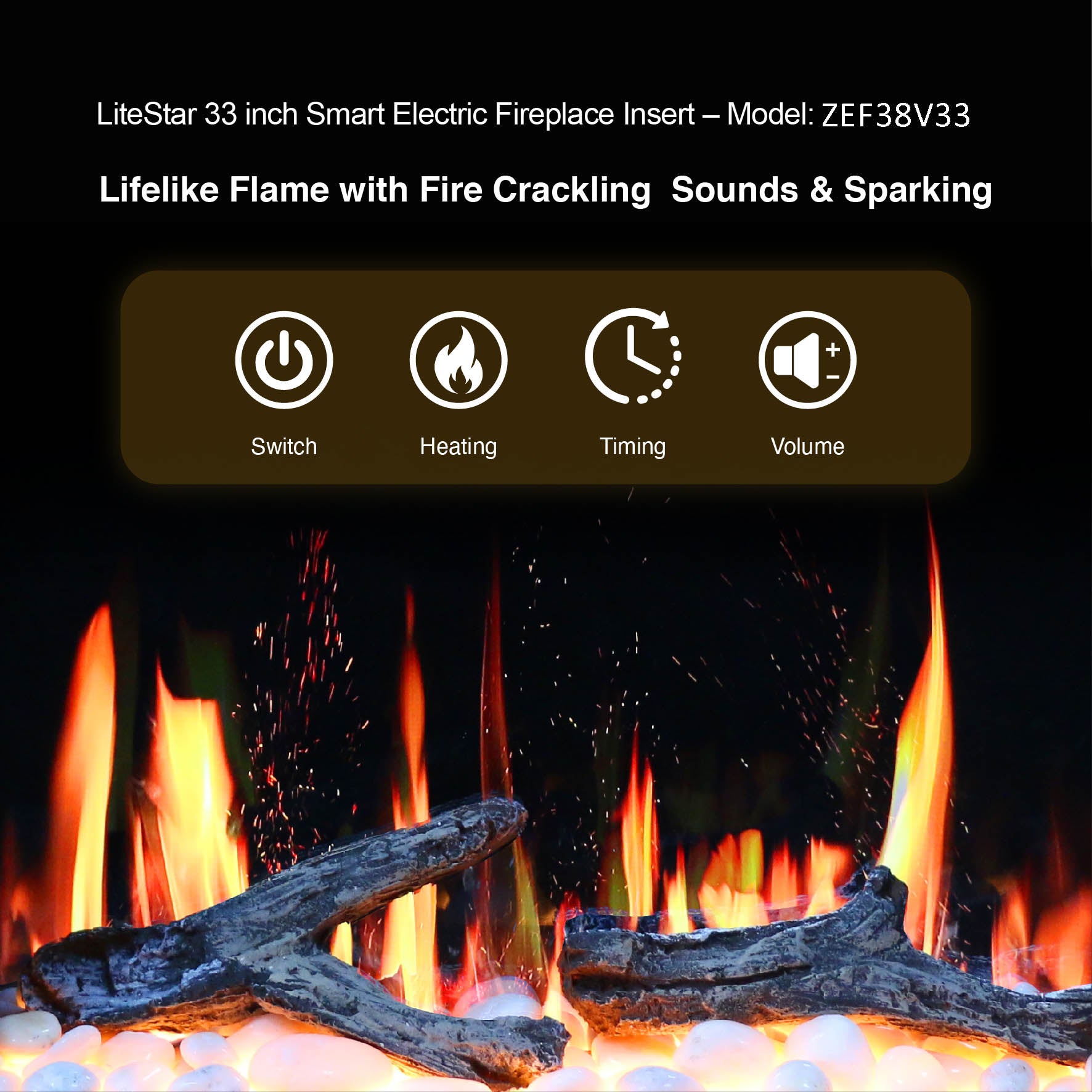 Litedeer Homes LiteStar with Driftwood Logs and River Rock Electric Fireplace