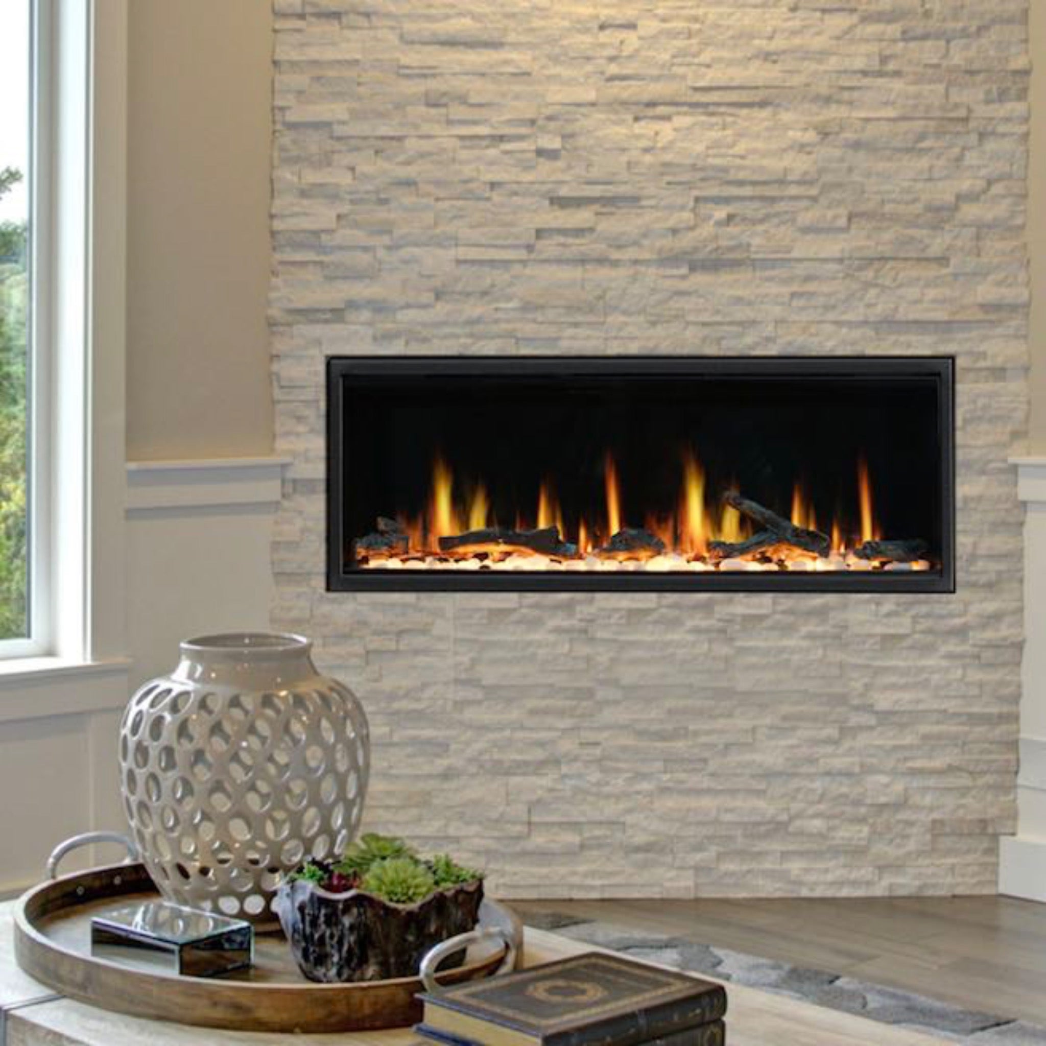 Latitude 45" Built-in Electric Fireplace with Driftwood Logs and River Rock ZEF45X