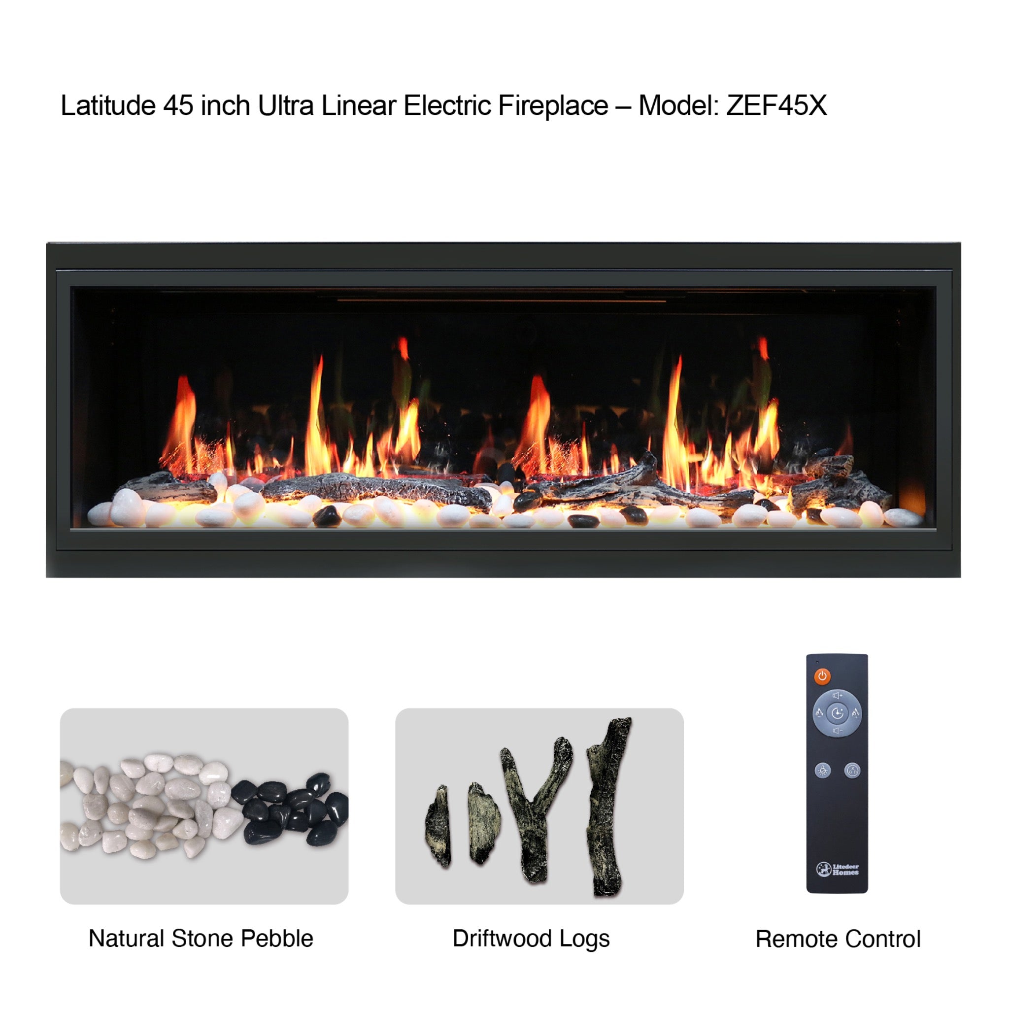 Latitude 45" Built-in Electric Fireplace with Driftwood Logs and River Rock ZEF45X