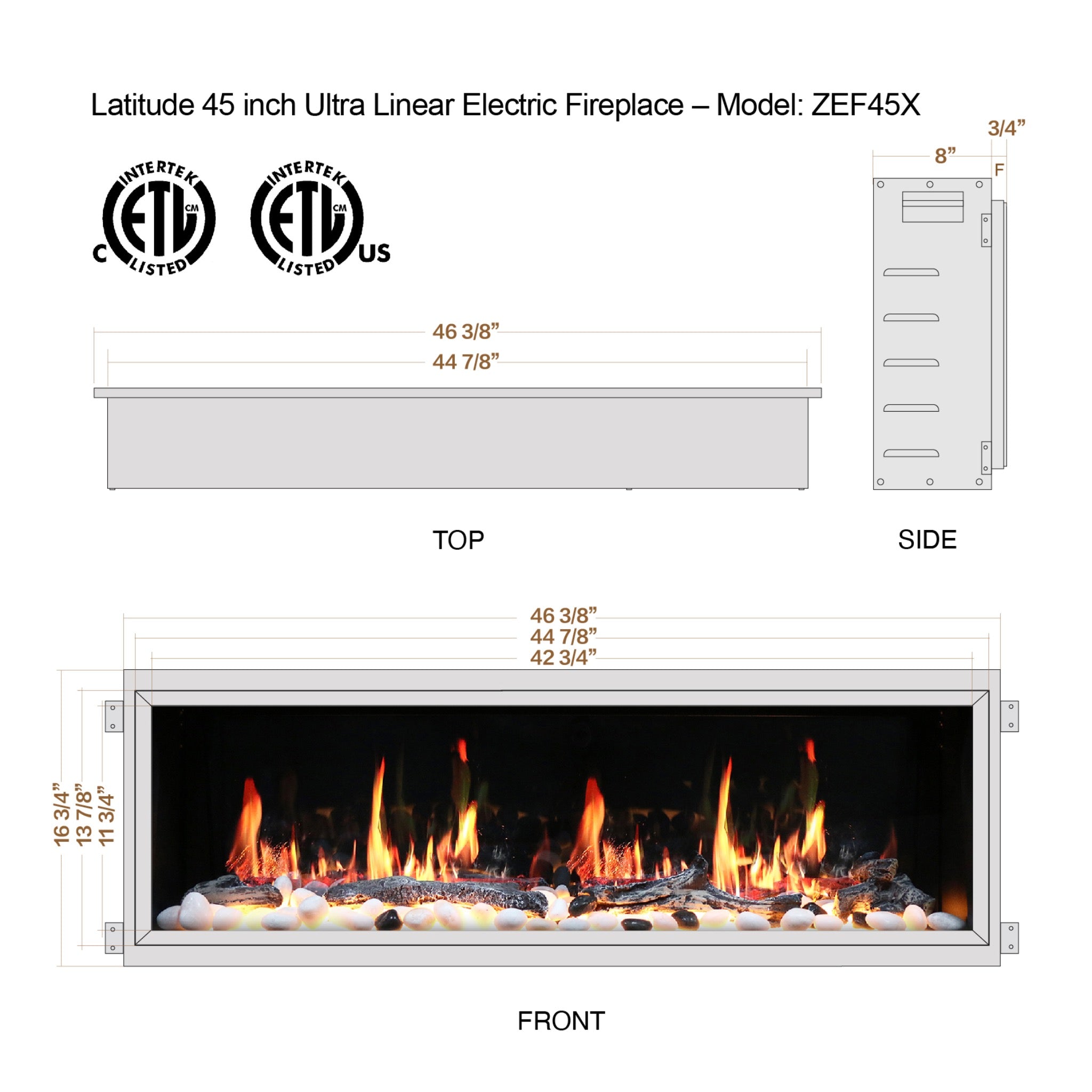 Latitude 45" Built-in Electric Fireplace with Driftwood Logs and River Rock ZEF45X