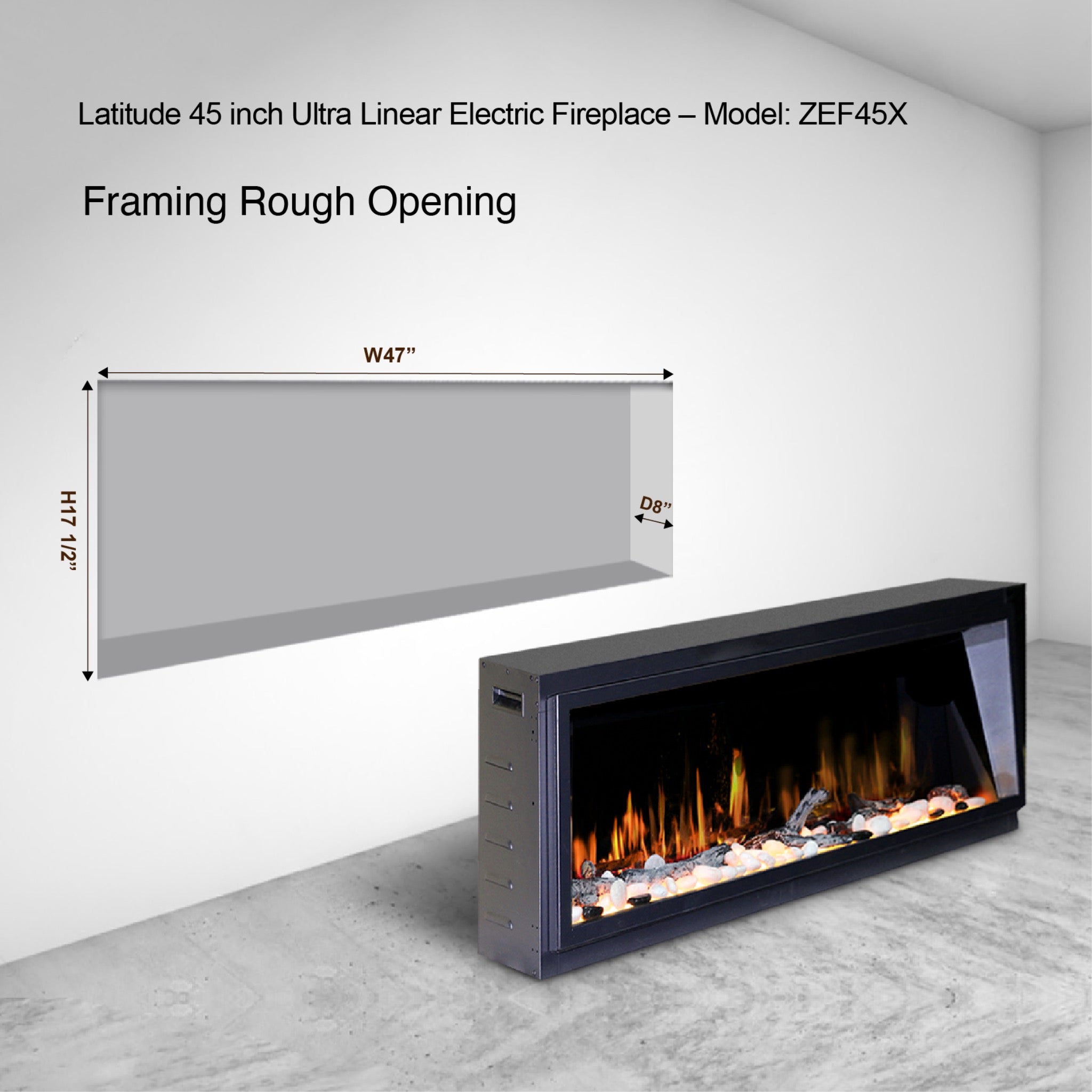 Latitude 45" Built-in Electric Fireplace with Driftwood Logs and River Rock ZEF45X