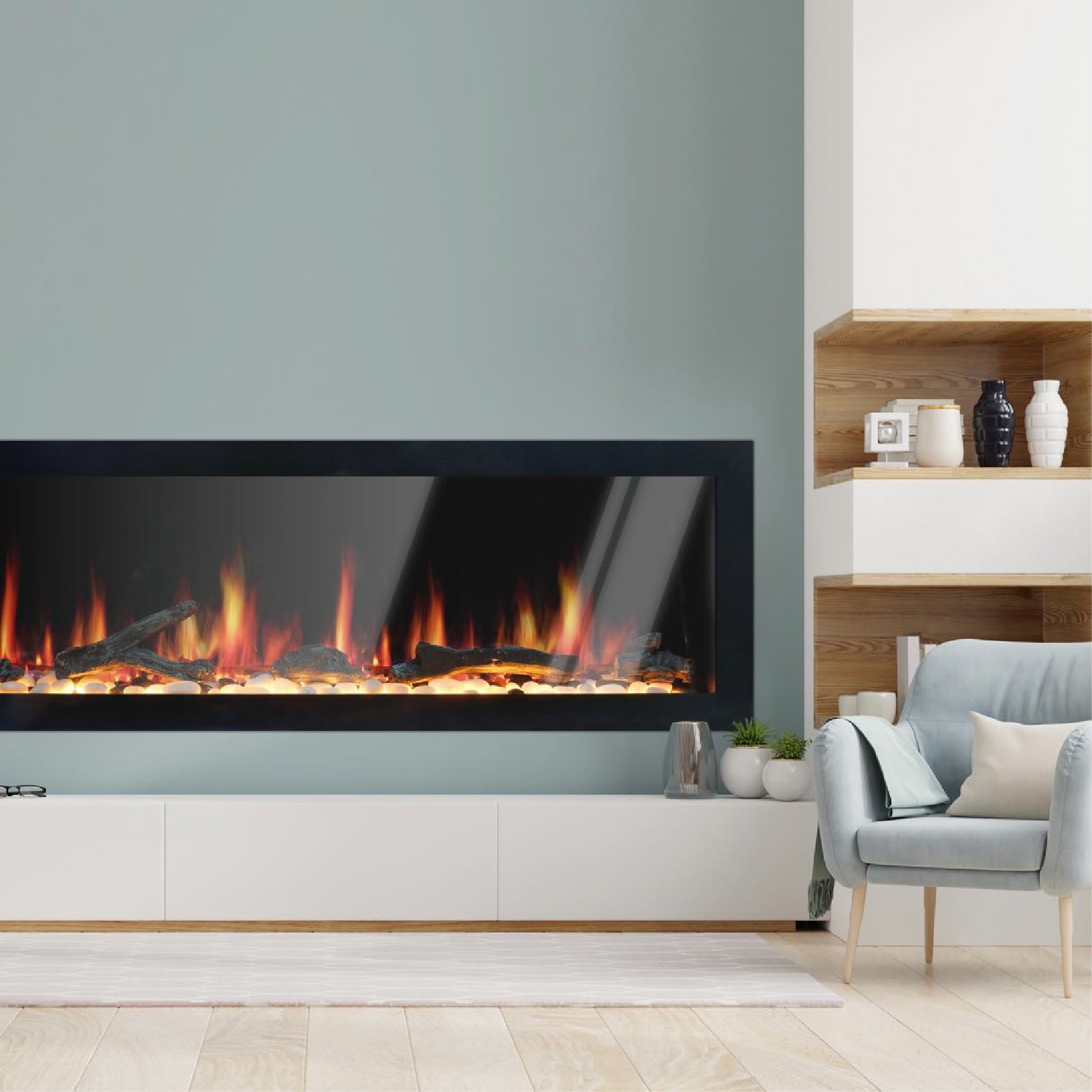 Latitude II 48" Smart Wall Mount with Driftwood Logs and River Rock Electric Fireplace ZEF48X