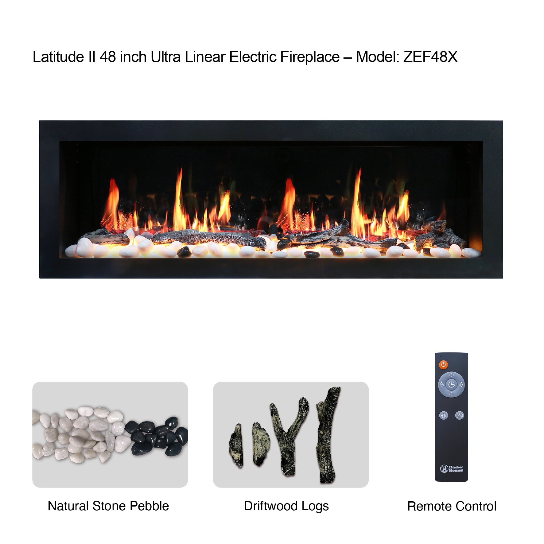 Latitude II 48" Smart Wall Mount with Driftwood Logs and River Rock Electric Fireplace ZEF48X