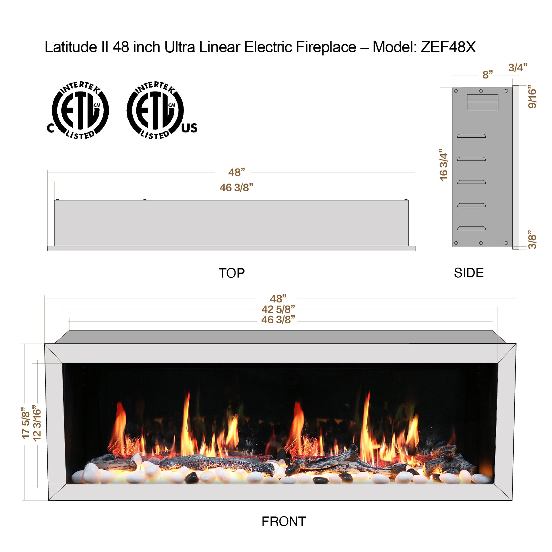 Latitude II 48" Smart Wall Mount with Driftwood Logs and River Rock Electric Fireplace ZEF48X