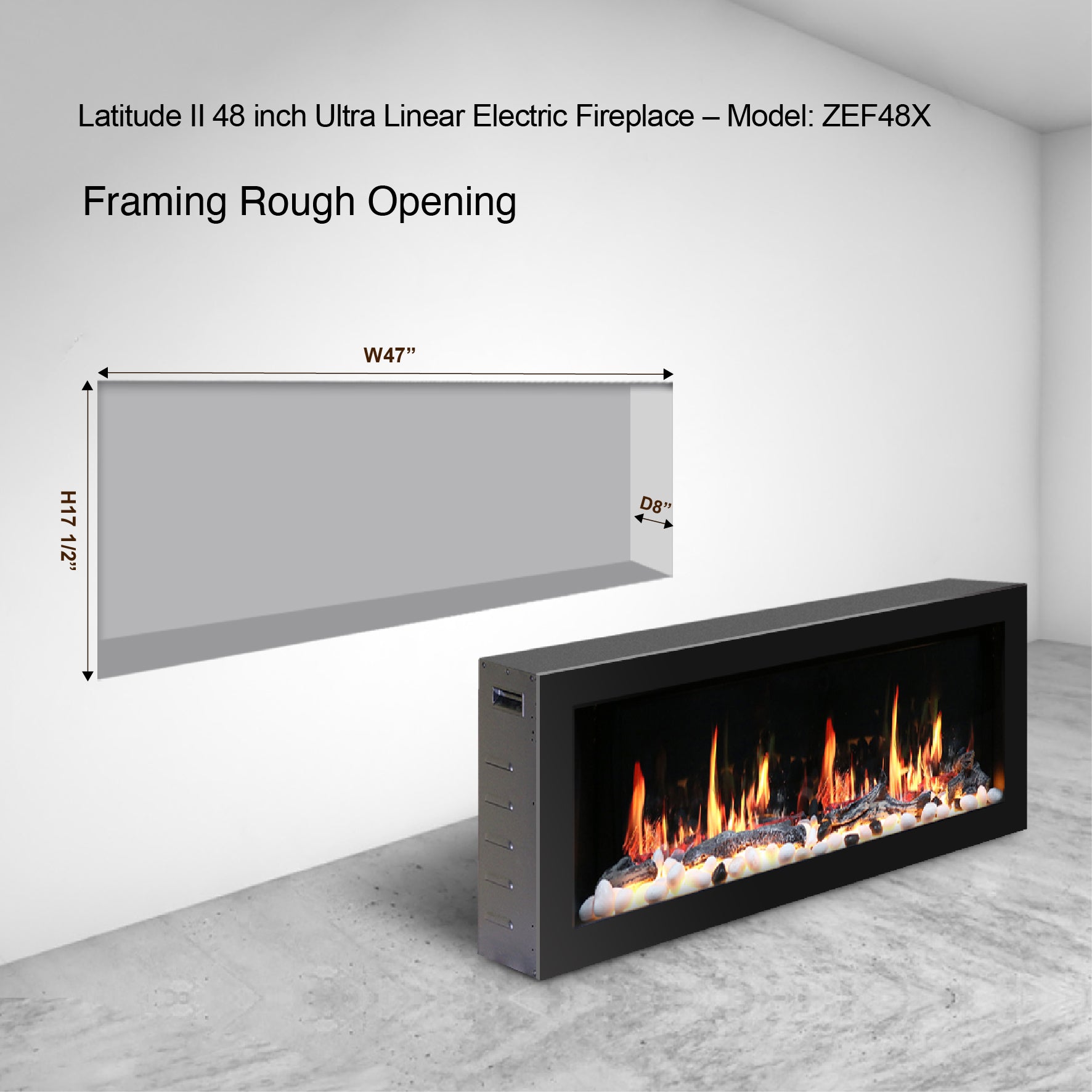 Latitude II 48" Smart Wall Mount with Driftwood Logs and River Rock Electric Fireplace ZEF48X