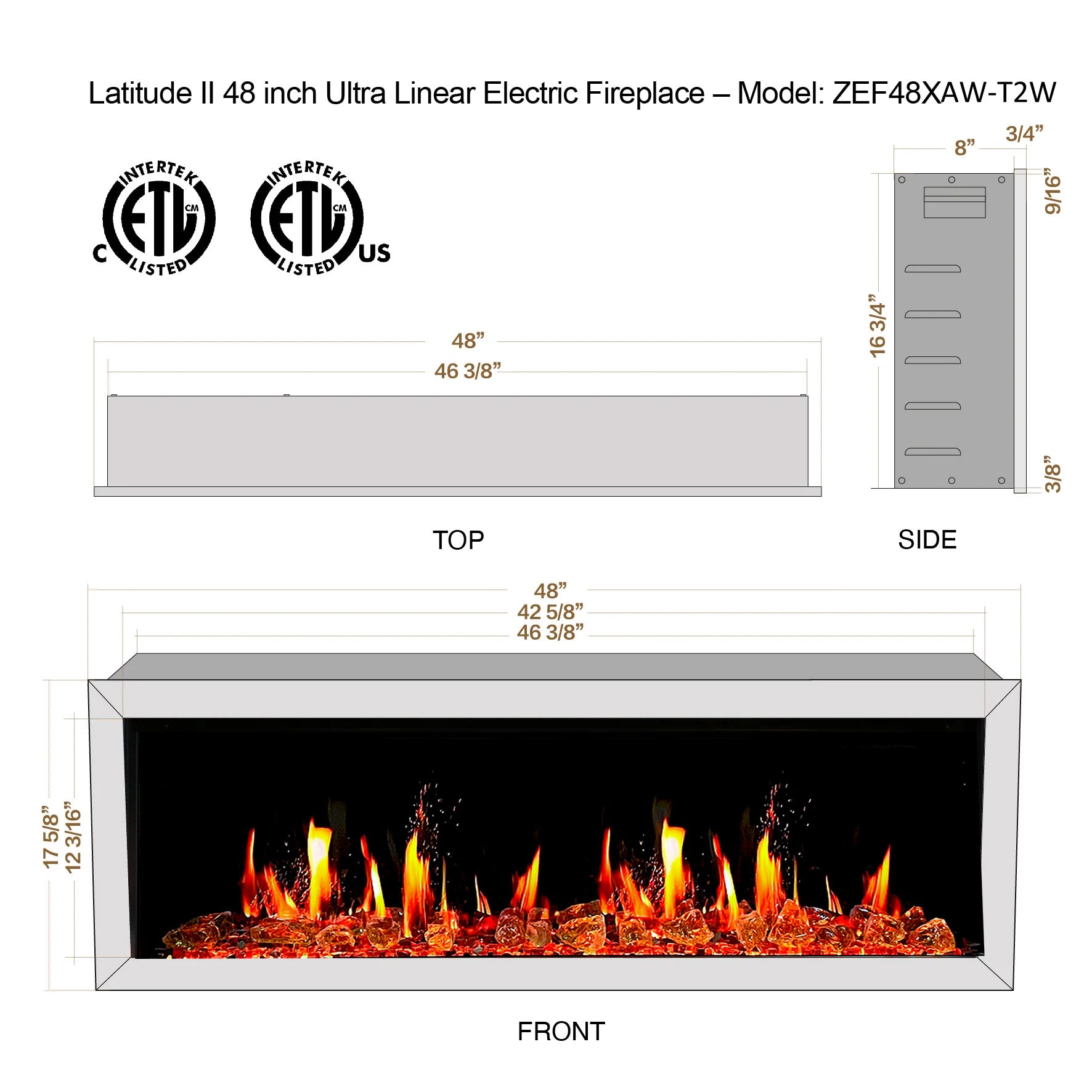 Litedeer Homes Gloria II Smart Wall Mount with Reflective Amber Glass Elecritc Fireplace