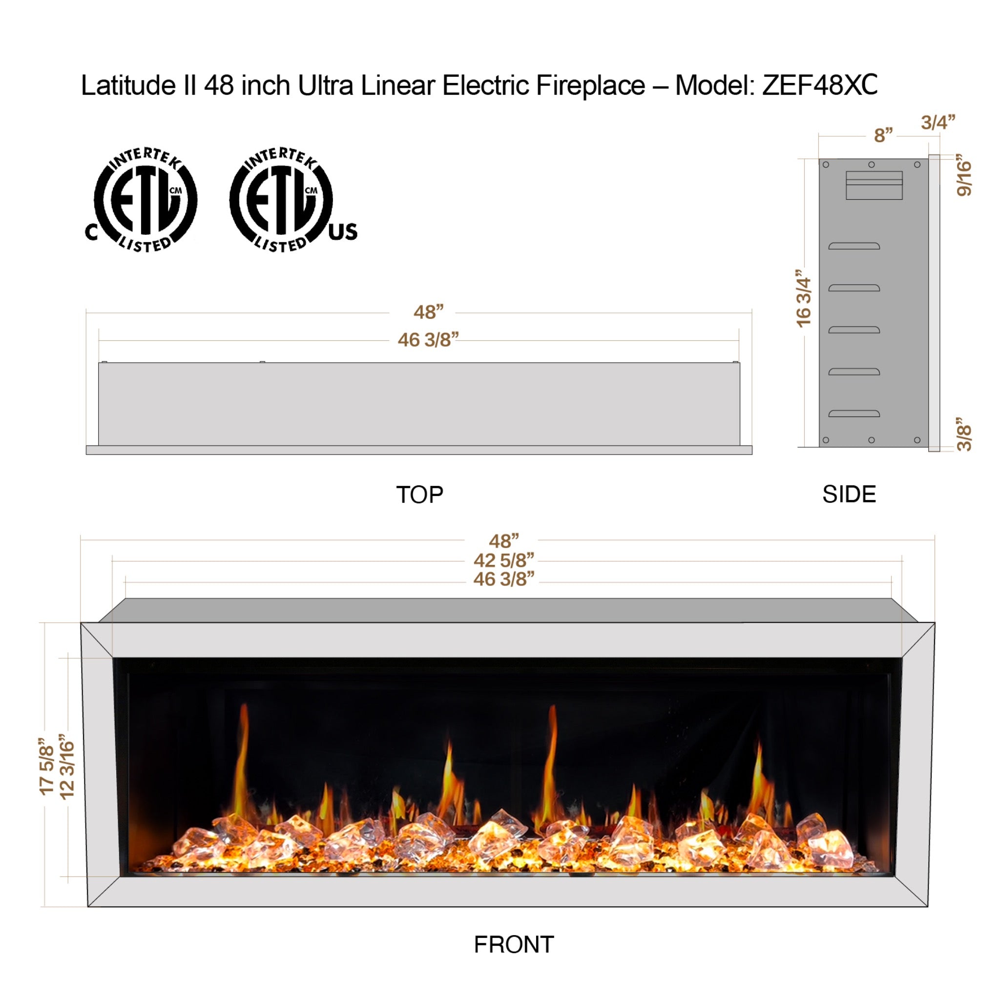 Litedeer Homes Latitude II Smart Wall Mount with Crushed Ice Rocks Electric Fireplace