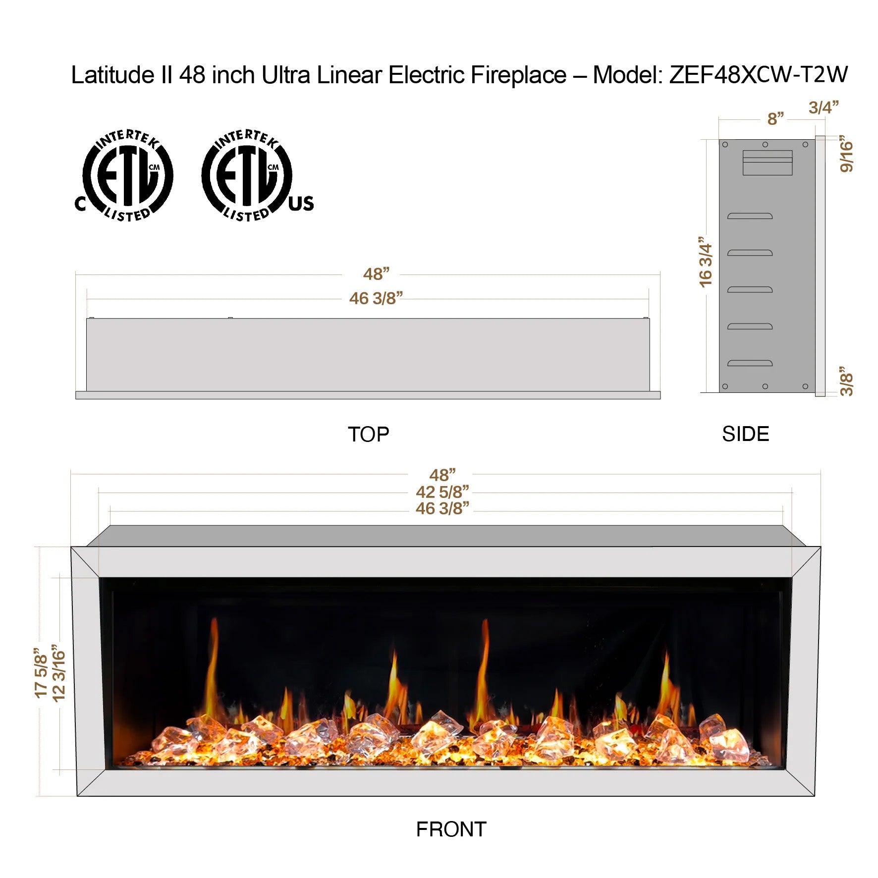 Litedeer Homes Glora II Seamless Push-in with Crushed Ice Rock Electric Fireplace