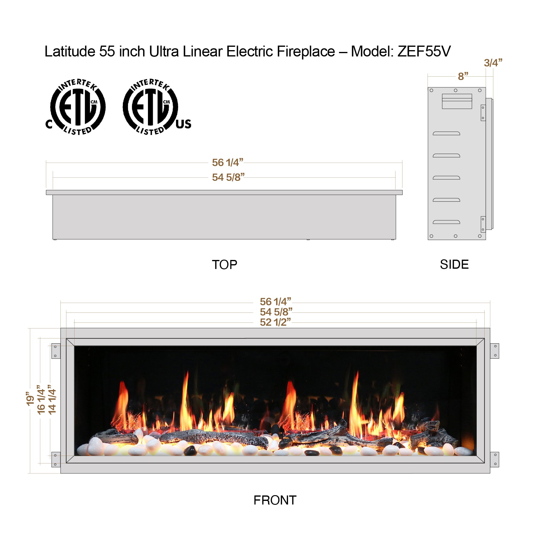 Latitude 55" Ultra Slim Buil-in with Driftwood Logs and River Rock Electric Fireplace ZEF55V