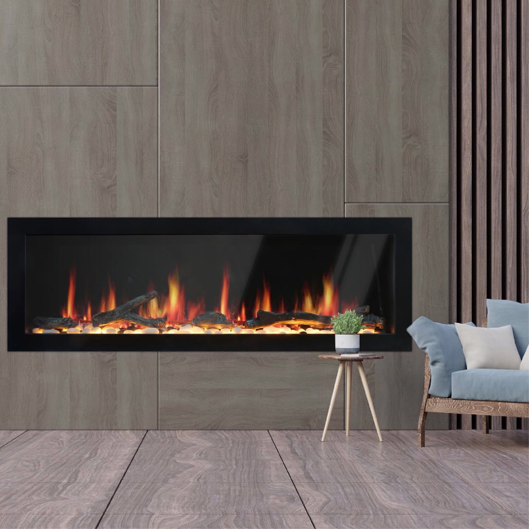 Latitude II 58" Smart Wall Mount with Driftwood Logs and River Rock Electric Fireplace ZEF58V