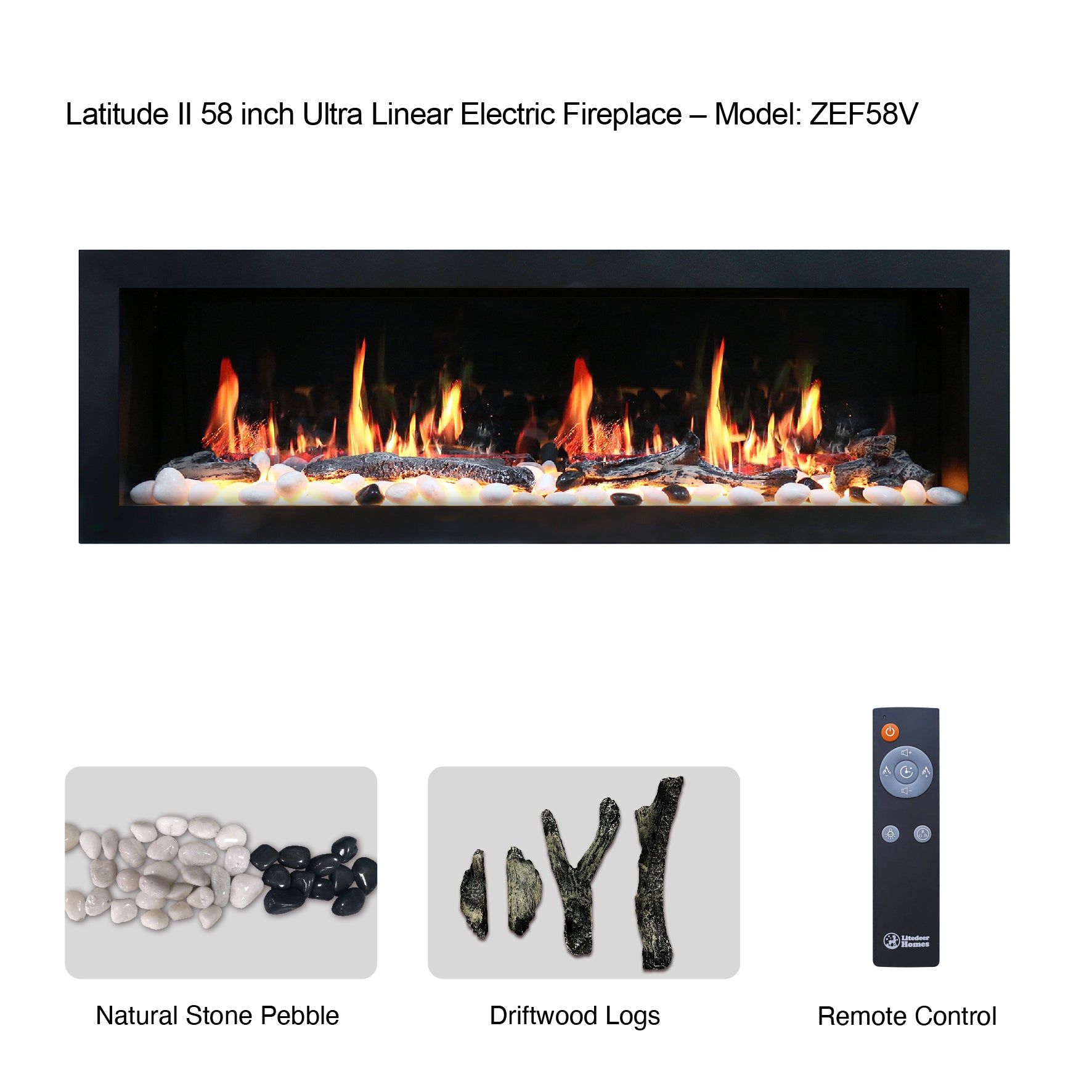 Latitude II 58" Smart Wall Mount with Driftwood Logs and River Rock Electric Fireplace ZEF58V