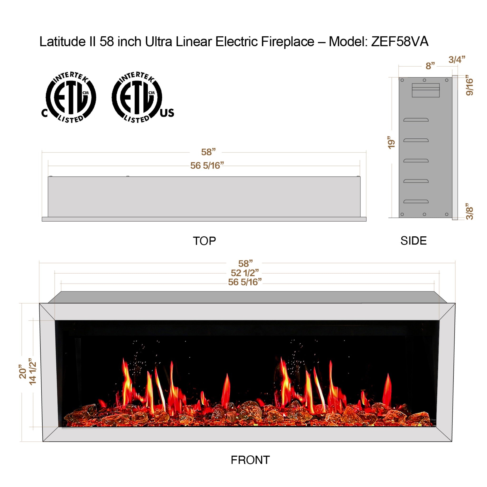 Litedeer Homes Latitude II Smart Wall Mount with Reflective Amber Glass Electric Fireplace