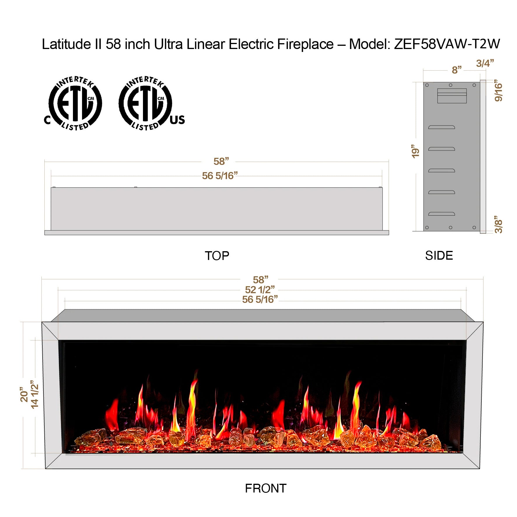 Litedeer Homes Gloria II Smart Wall Mount with Reflective Amber Glass Elecritc Fireplace