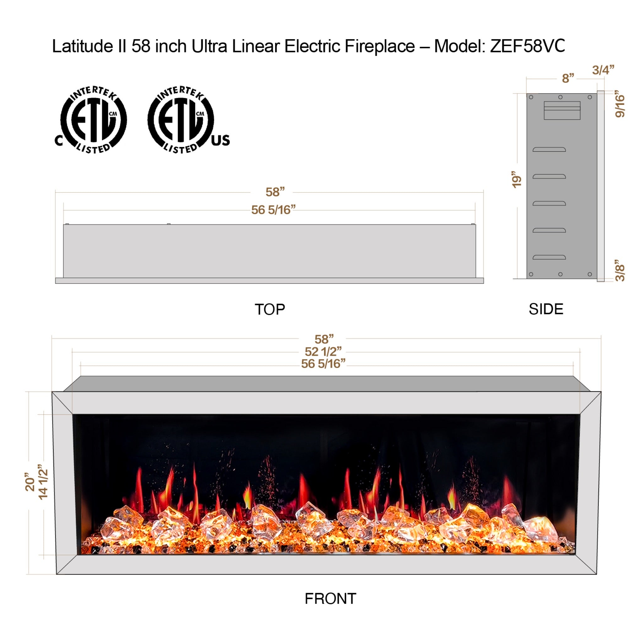 Litedeer Homes Latitude II Smart Wall Mount with Crushed Ice Rocks Electric Fireplace