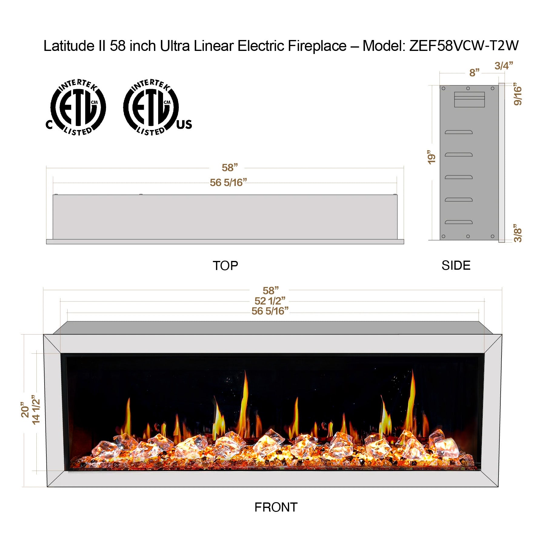 Litedeer Homes Glora II Seamless Push-in with Crushed Ice Rock Electric Fireplace