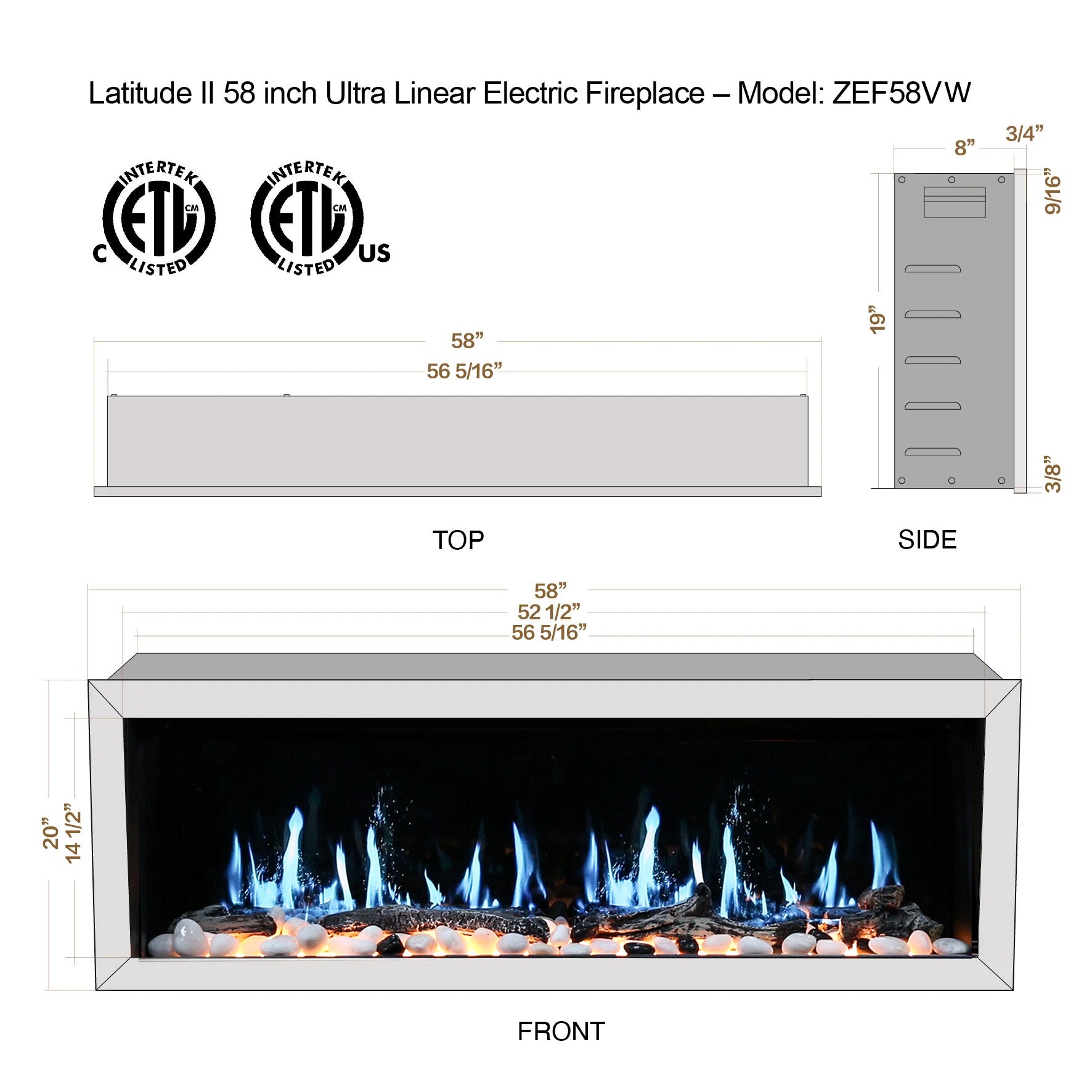 Litedeer Homes Gloria II Smart Wall Mount with Driftwood Logs and River Rocks Electric Fireplace