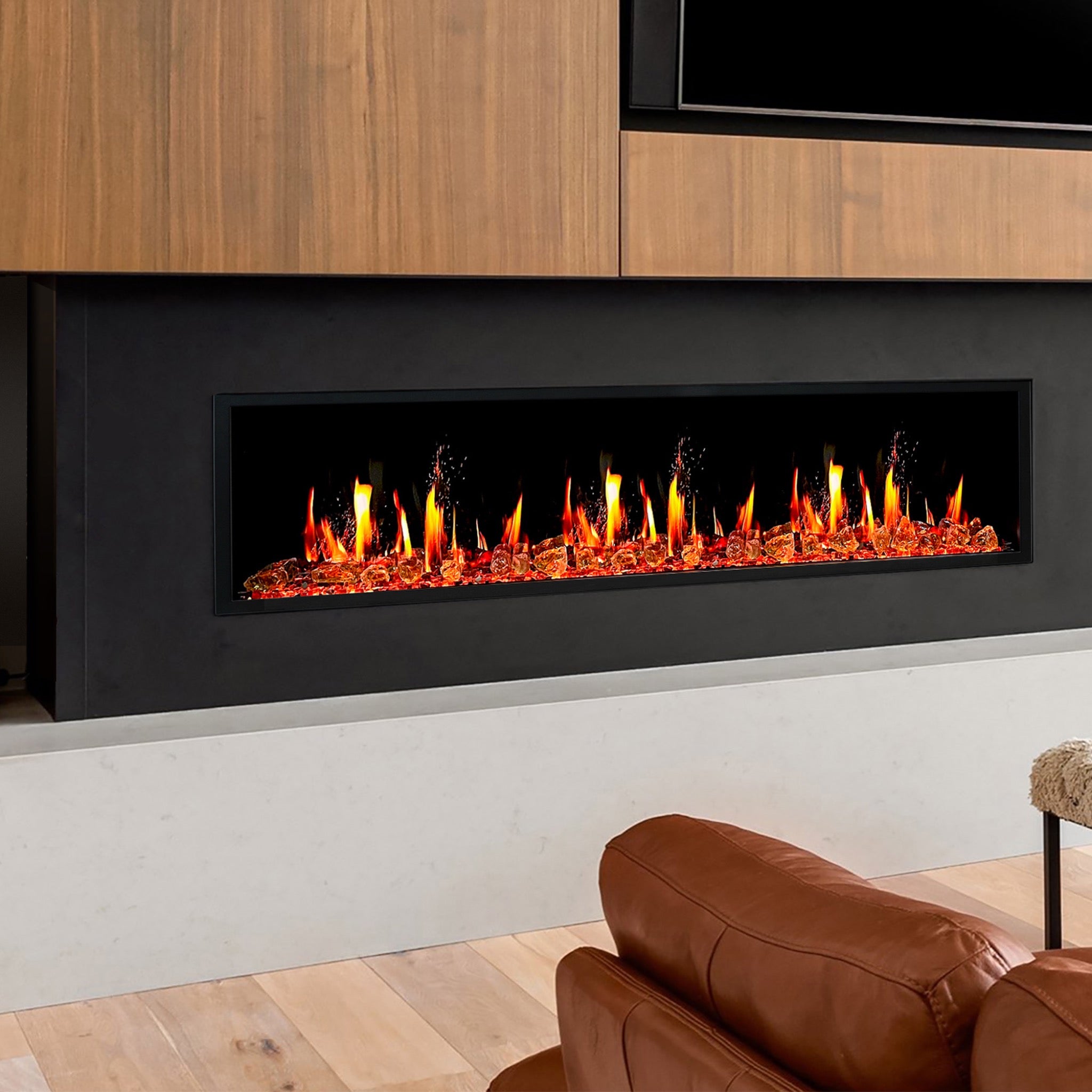 Litedeer Homes Latitude Built-in with Reflective Amber Glass Electric Fireplace