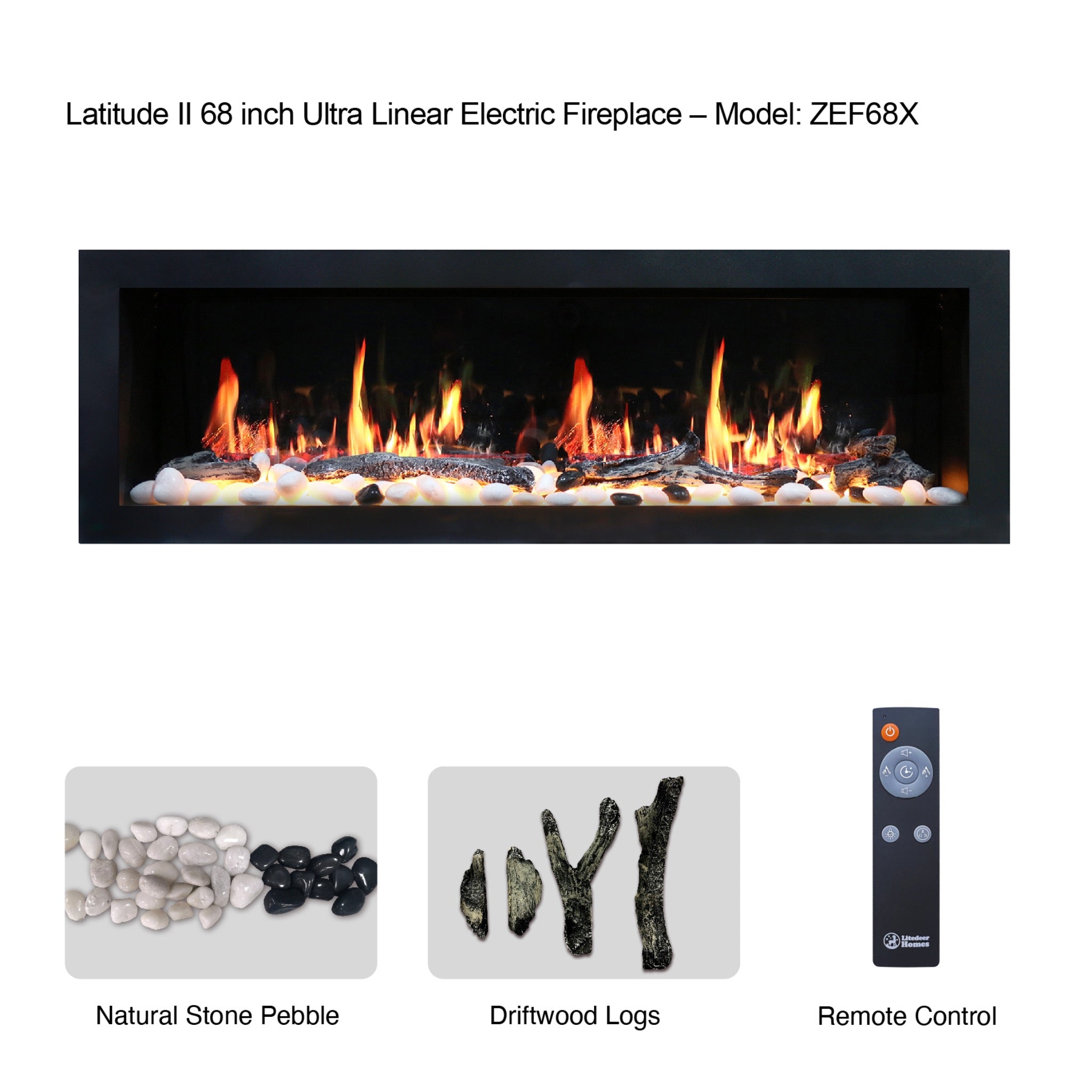 Litedeer Homes Latitude II Smart Wall Mount with Driftwood Logs and River Rock Electric Fireplace