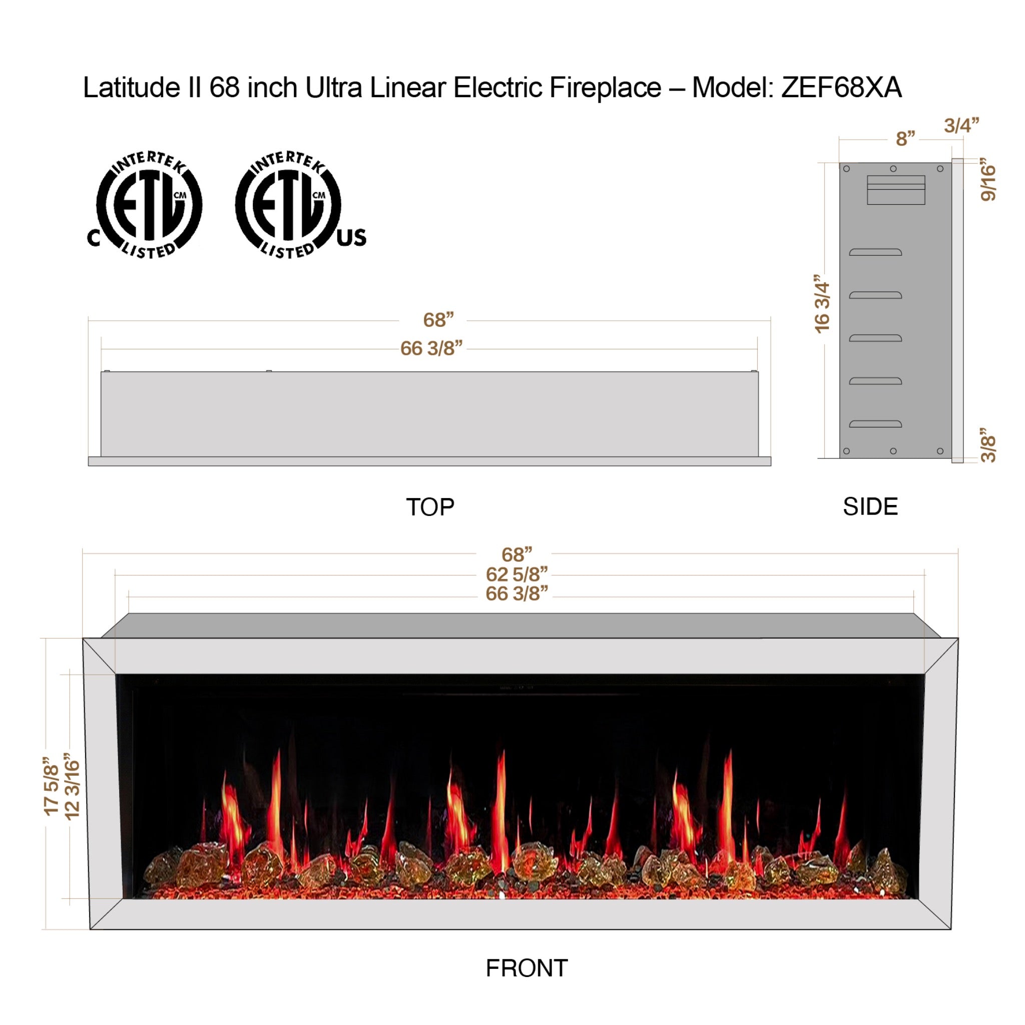 Litedeer Homes Latitude II Smart Wall Mount with Reflective Amber Glass Electric Fireplace