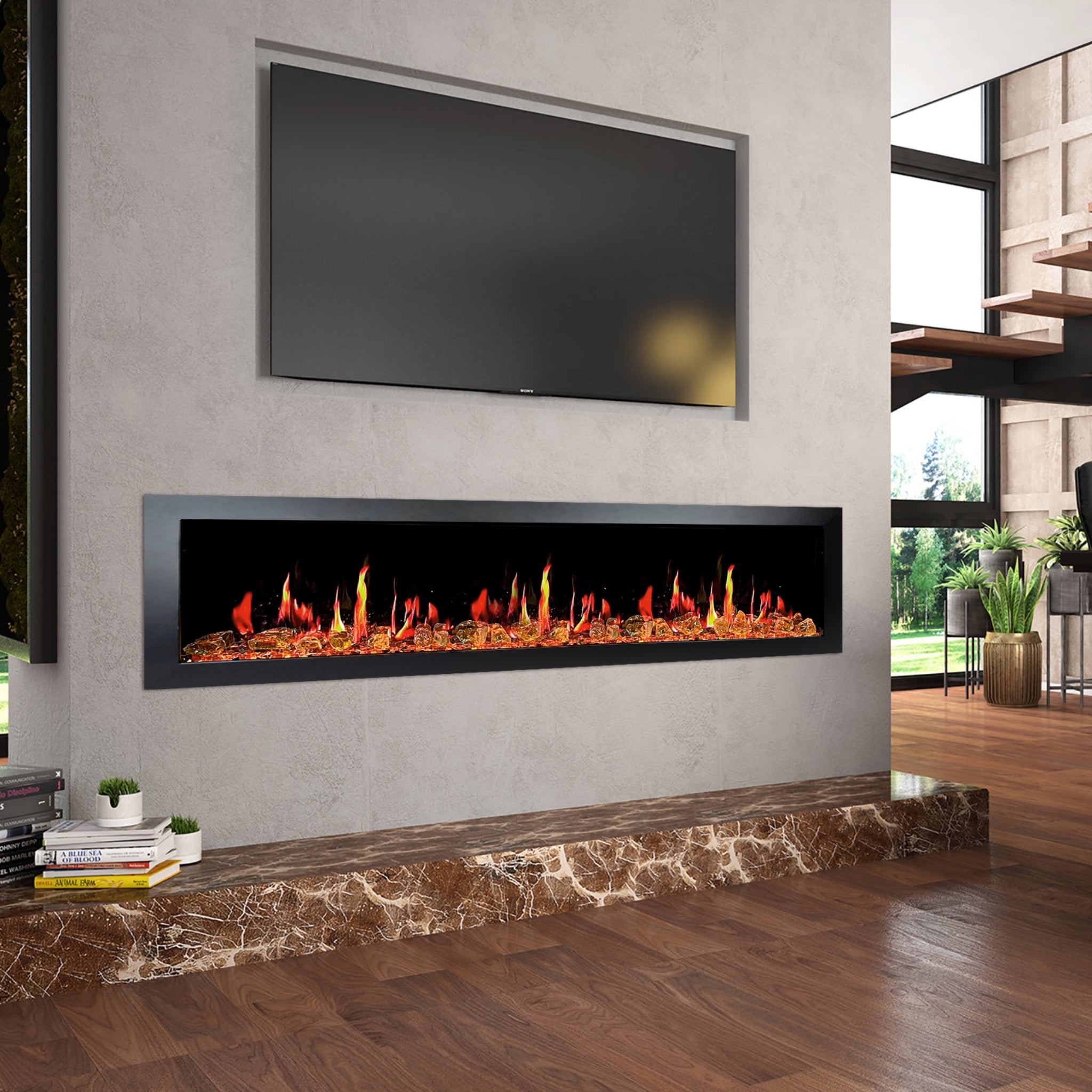 Litedeer Homes Latitude II Smart Wall Mount with Reflective Amber Glass Electric Fireplace