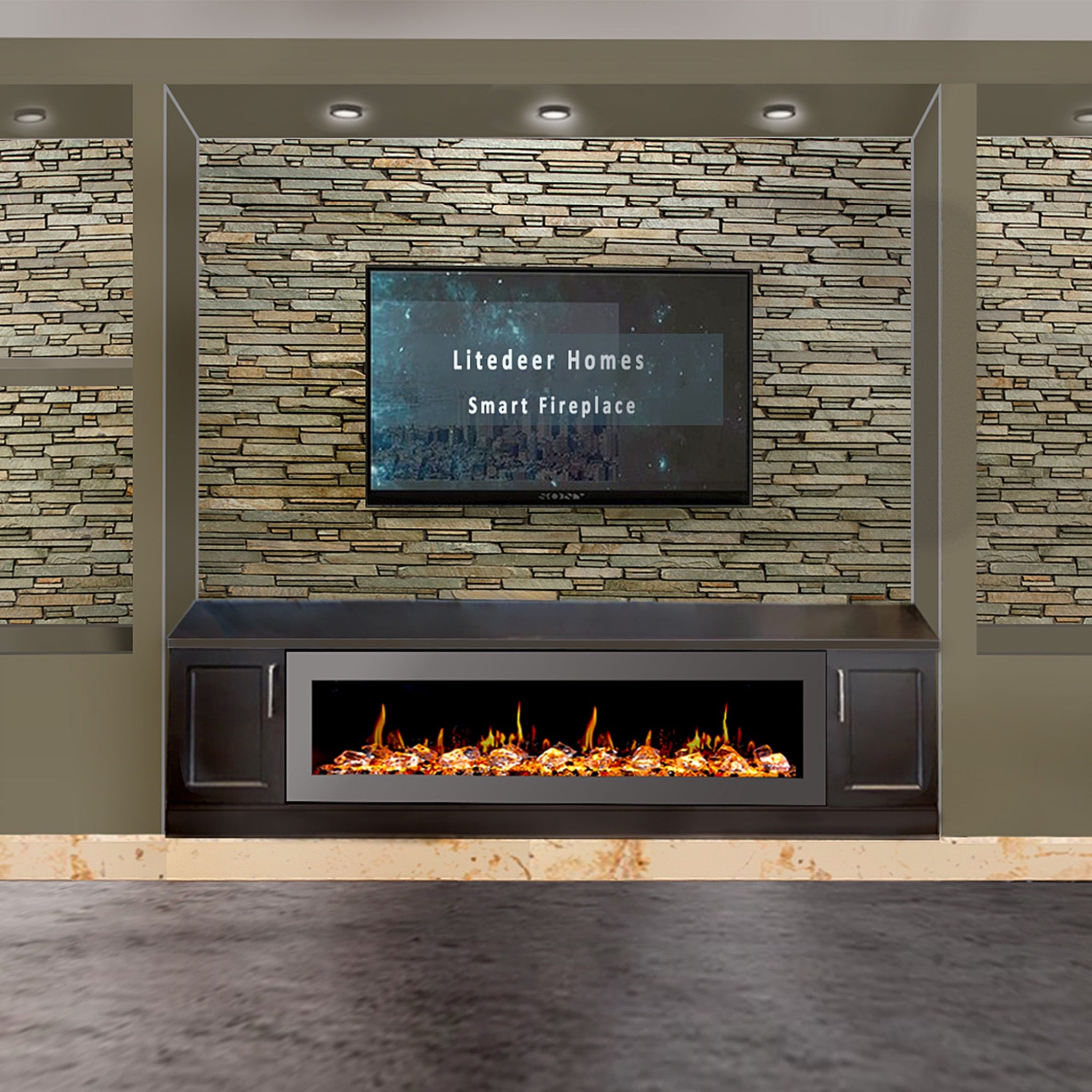 Litedeer Homes Latitude II Smart Wall Mount with Crushed Ice Rocks Electric Fireplace