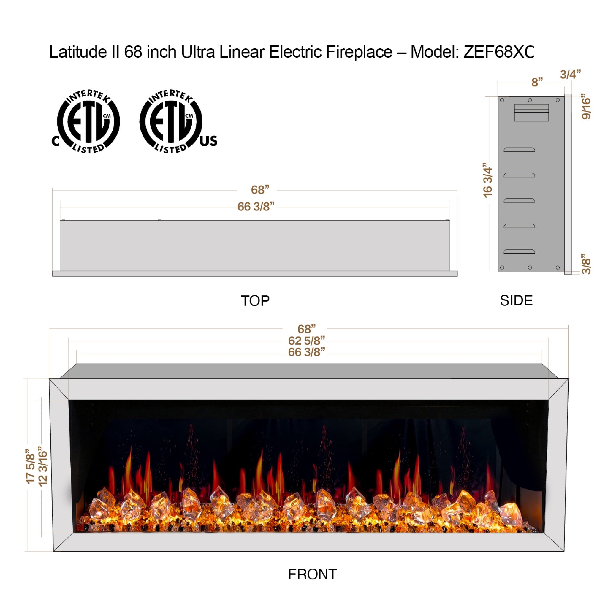 Litedeer Homes Latitude II Smart Wall Mount with Crushed Ice Rocks Electric Fireplace