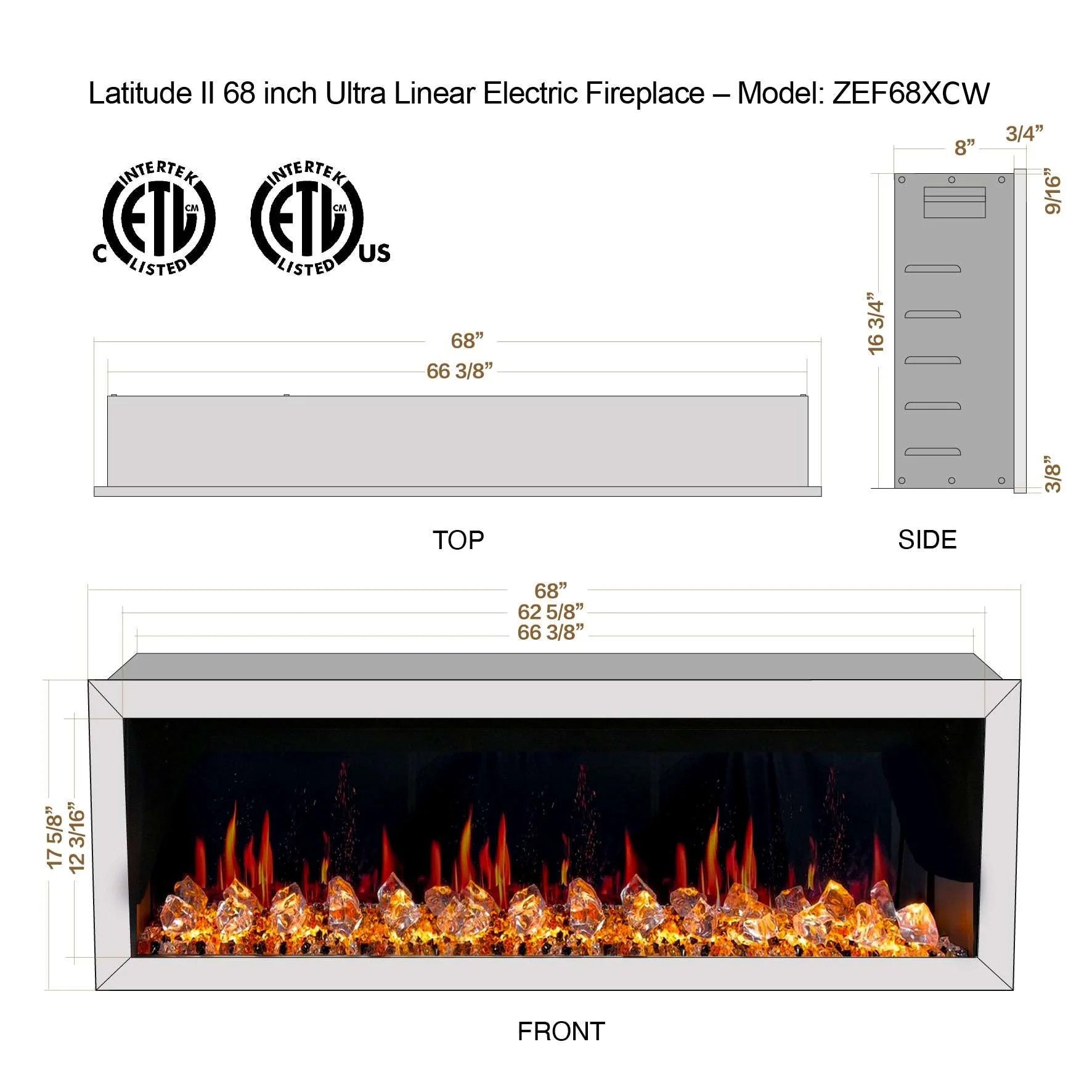 Litedeer Homes Glora II Seamless Push-in with Crushed Ice Rock Electric Fireplace