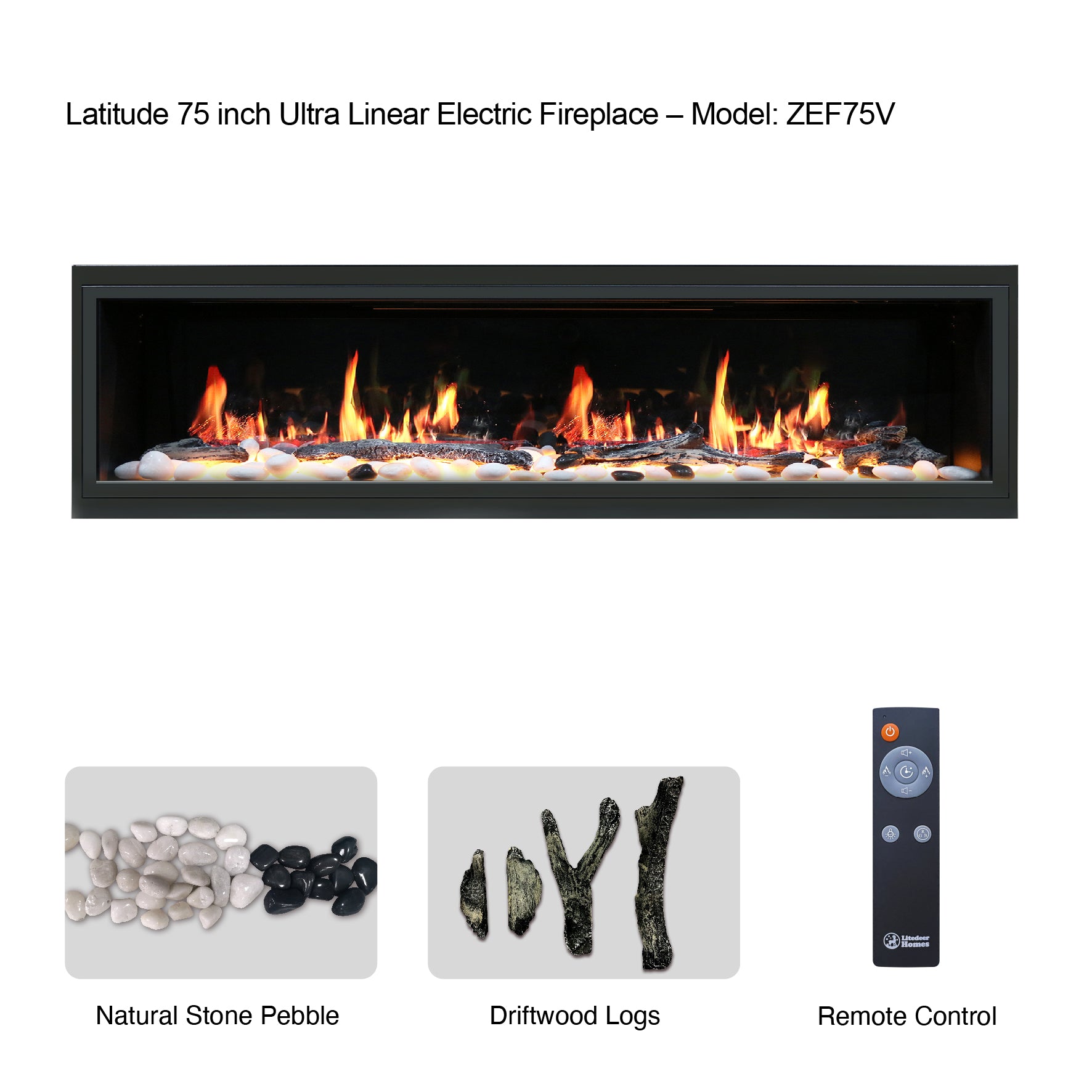 Latitude 75" Ultra Slim Built-in with Driftwood Logs and River Rock Electric Fireplace ZEF75V