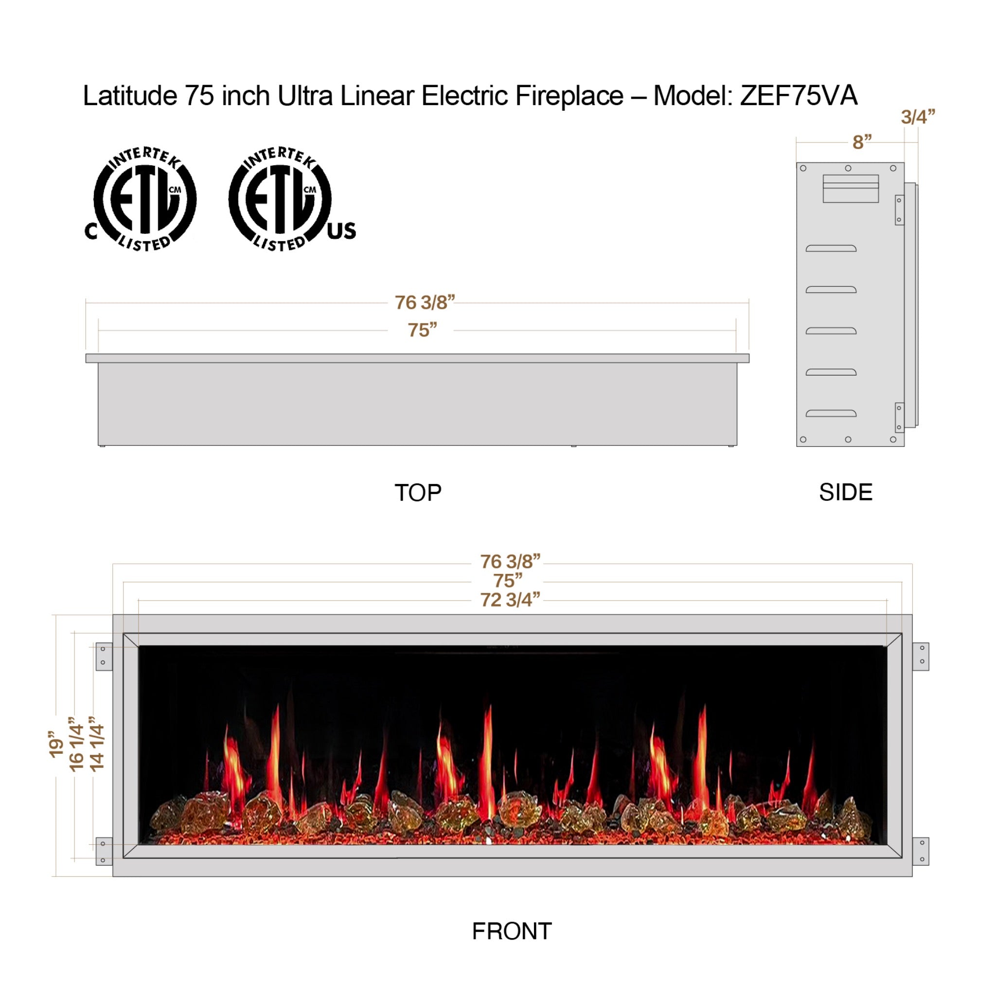 Litedeer Homes Latitude Built-in with Reflective Amber Glass Electric Fireplace