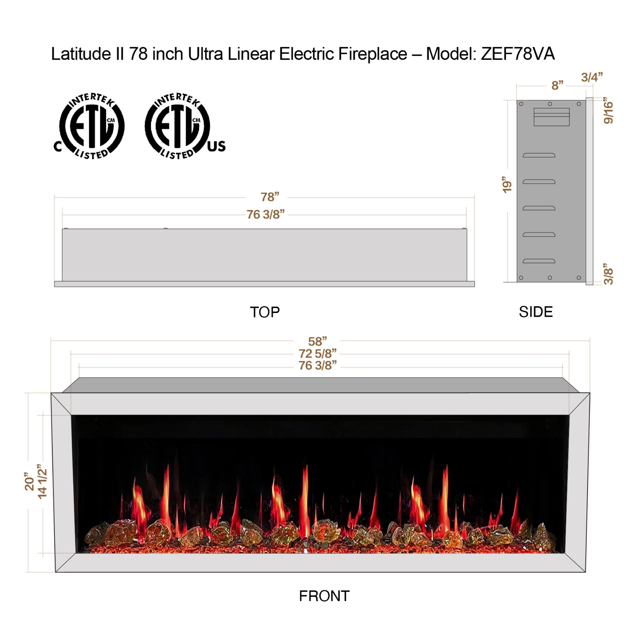 Litedeer Homes Latitude II Smart Wall Mount with Reflective Amber Glass Electric Fireplace