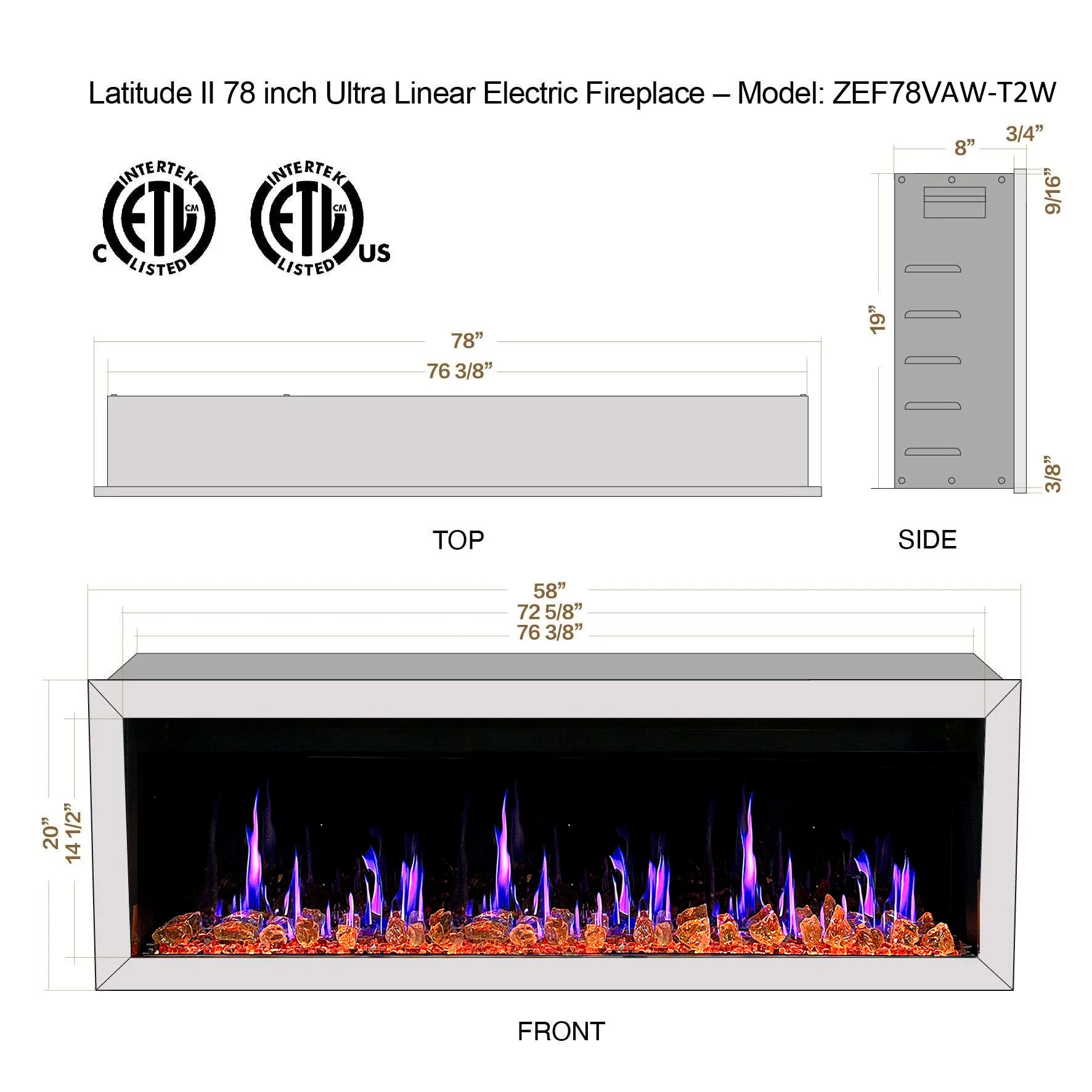 Litedeer Homes Gloria II Smart Wall Mount with Reflective Amber Glass Elecritc Fireplace