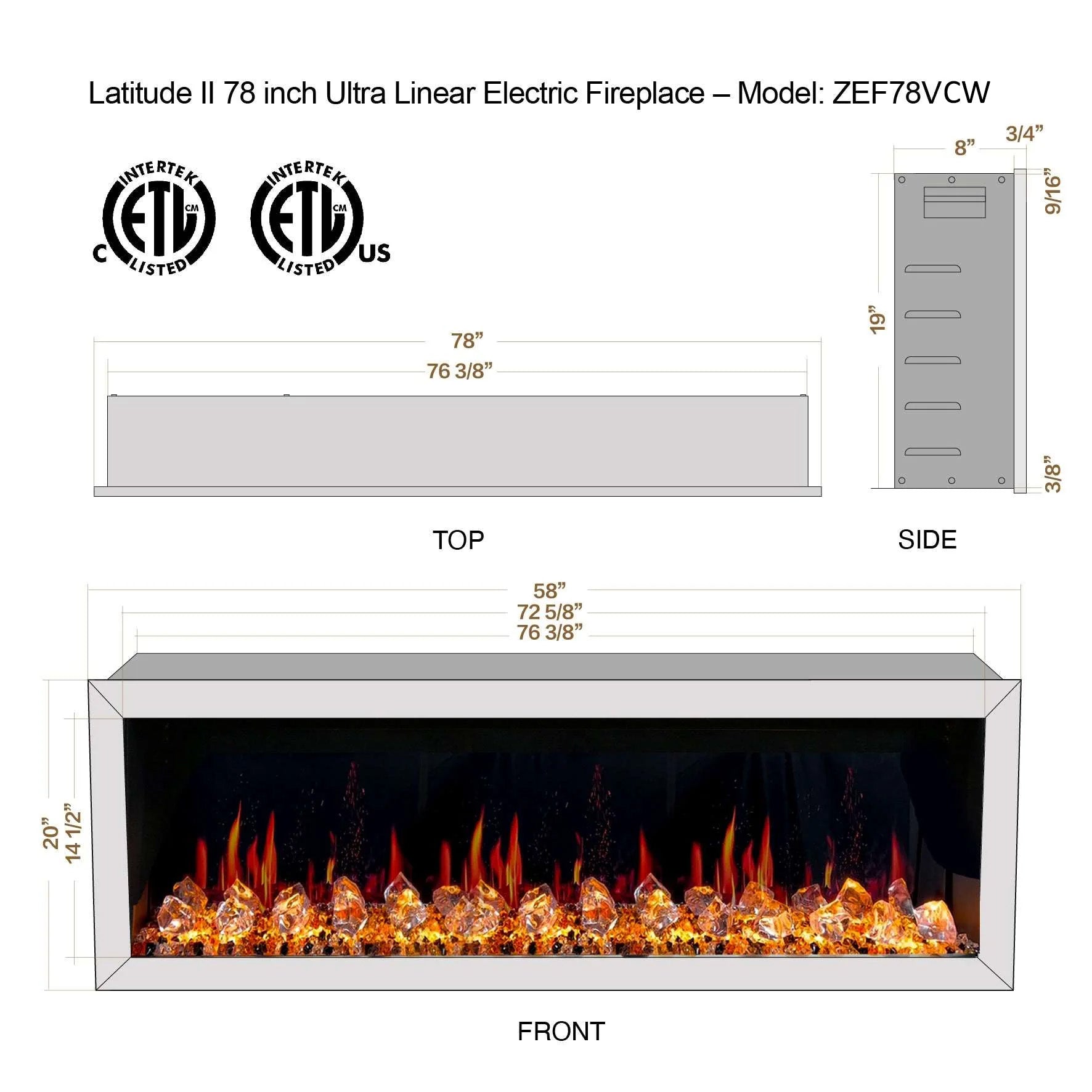 Litedeer Homes Glora II Seamless Push-in with Crushed Ice Rock Electric Fireplace