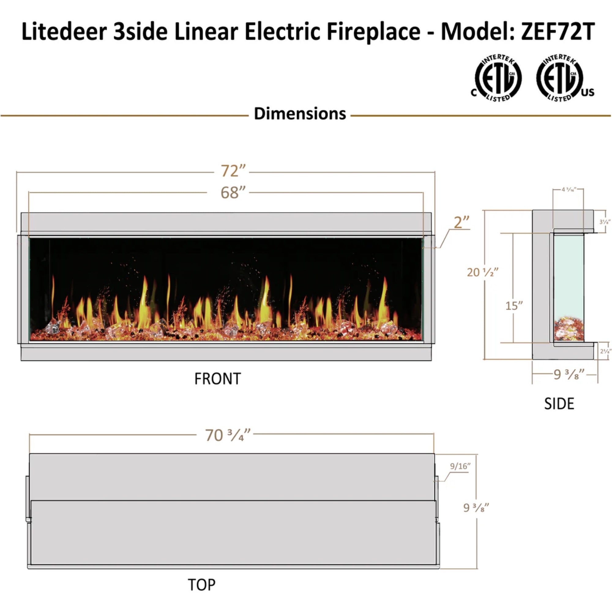 Litedeer Homes Warmcastle 3 Side Smart with Crushed Ice Rocks Electric Fireplace